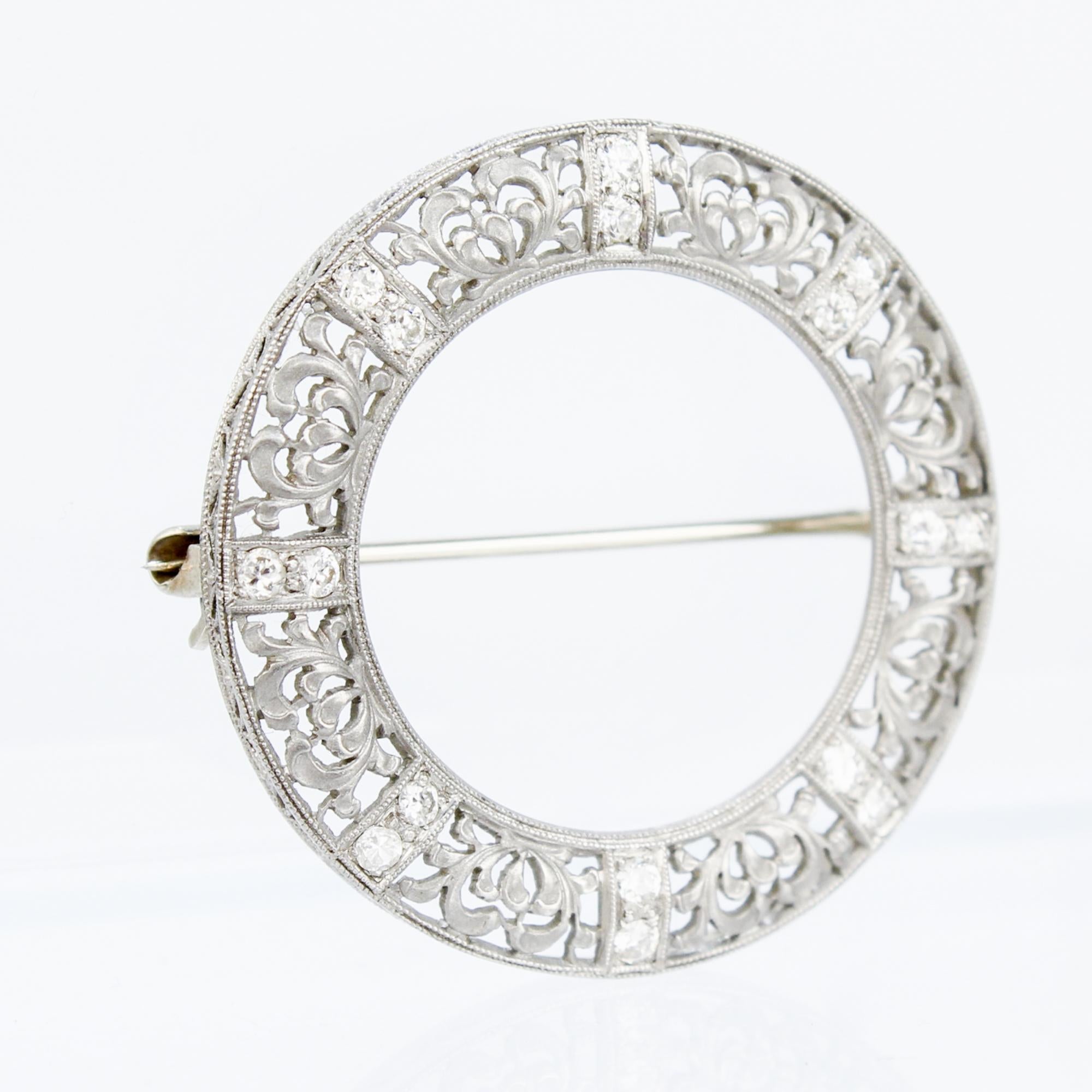 Art Deco 14K White Gold & Diamond Round Filigree Brooch or Pin In Good Condition For Sale In Philadelphia, PA