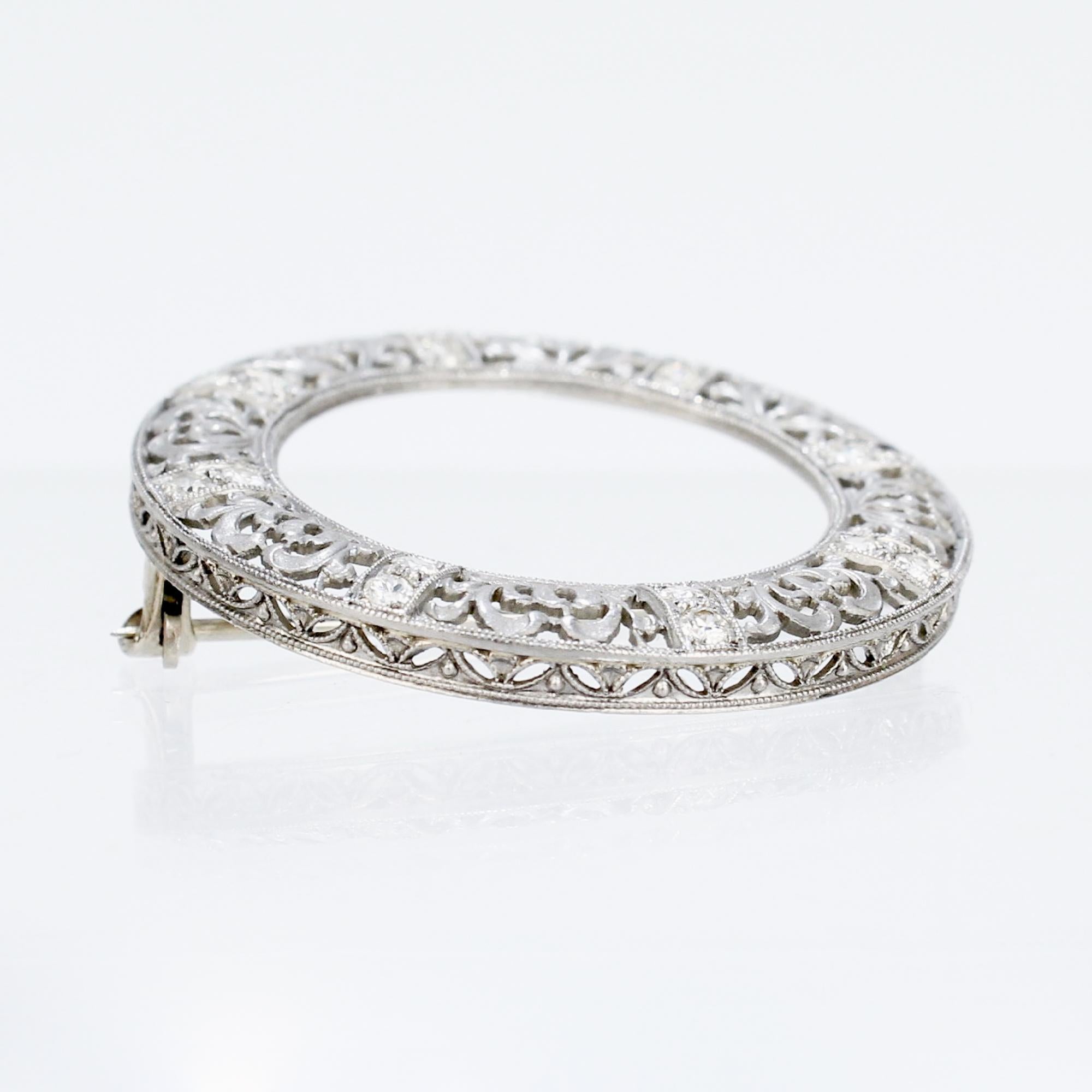 Women's or Men's Art Deco 14K White Gold & Diamond Round Filigree Brooch or Pin For Sale