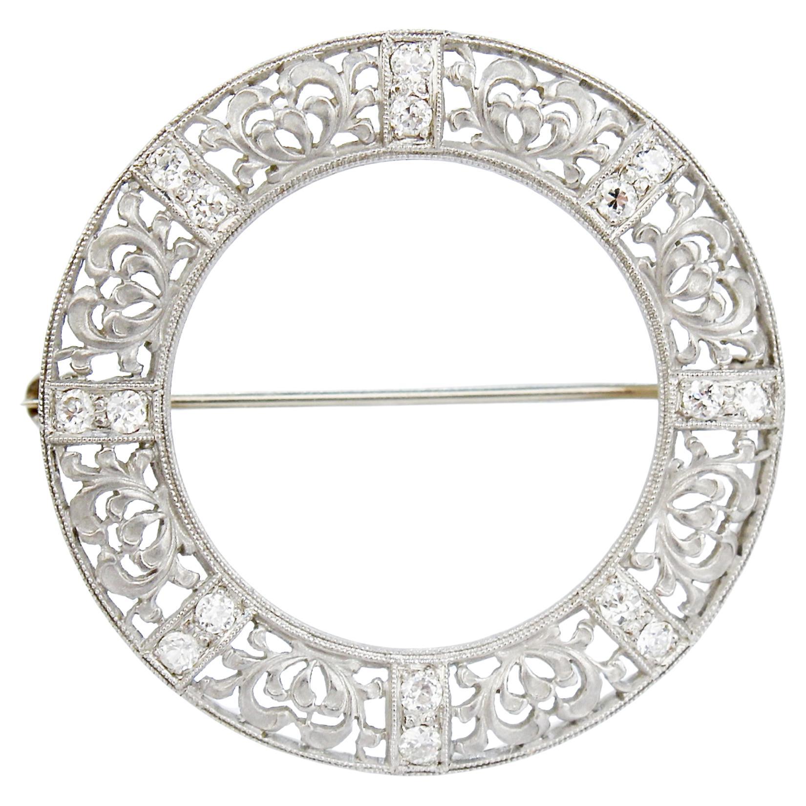 Art Deco 14K White Gold & Diamond Round Filigree Brooch or Pin