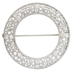 Art Deco 14K White Gold & Diamond Round Filigree Brooch or Pin