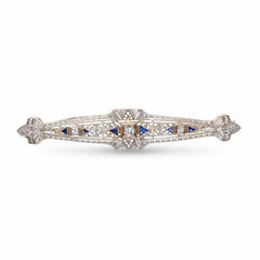 Art Deco 14k White Gold Diamond & Sapphire Brooch