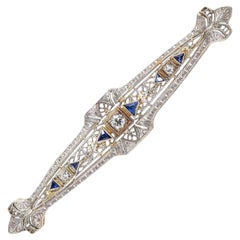 Art Deco 14k White Gold Diamond & Sapphire Brooch