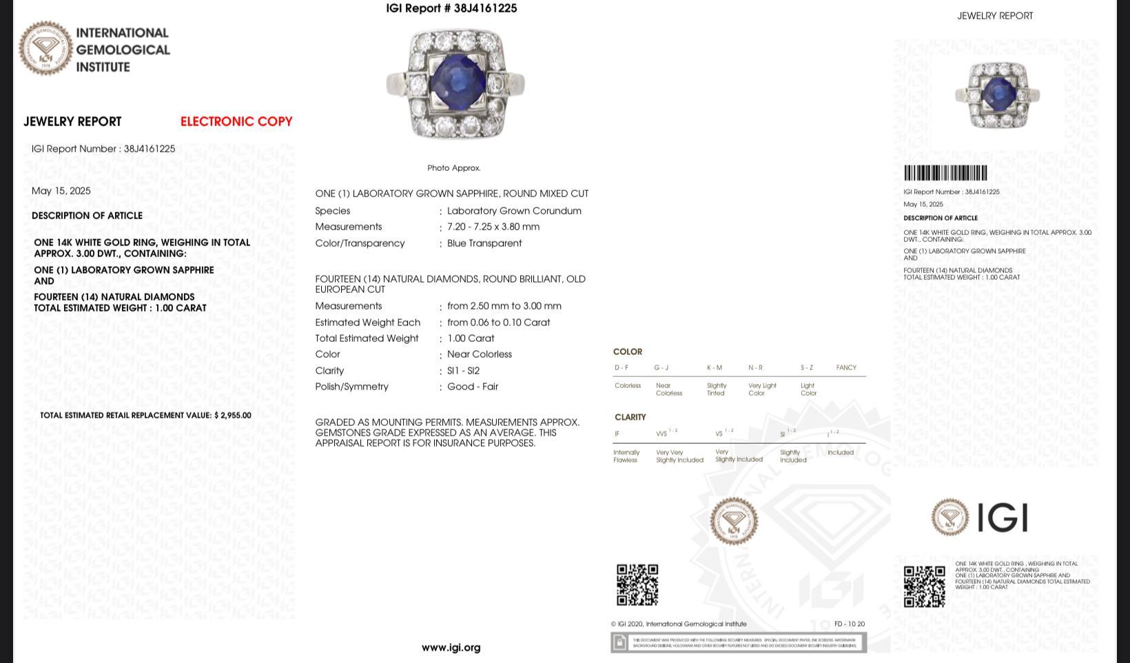 Round Cut Art Deco 14K White Gold Diamond & Sapphire Ring Size 5 IGI Certified For Sale