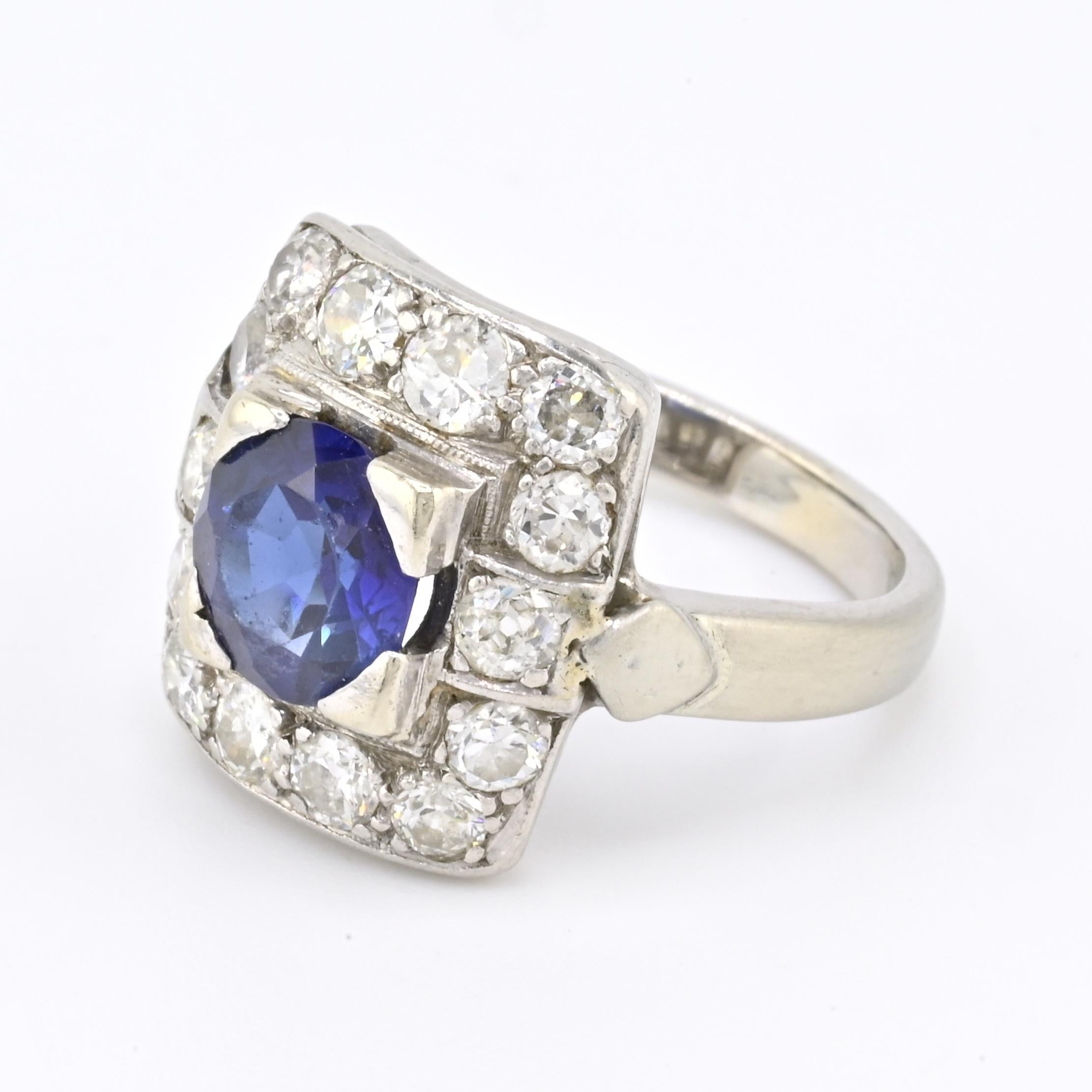 Art Deco 14K White Gold Diamond & Sapphire Ring Size 5 IGI Certified In Good Condition For Sale In Media, PA