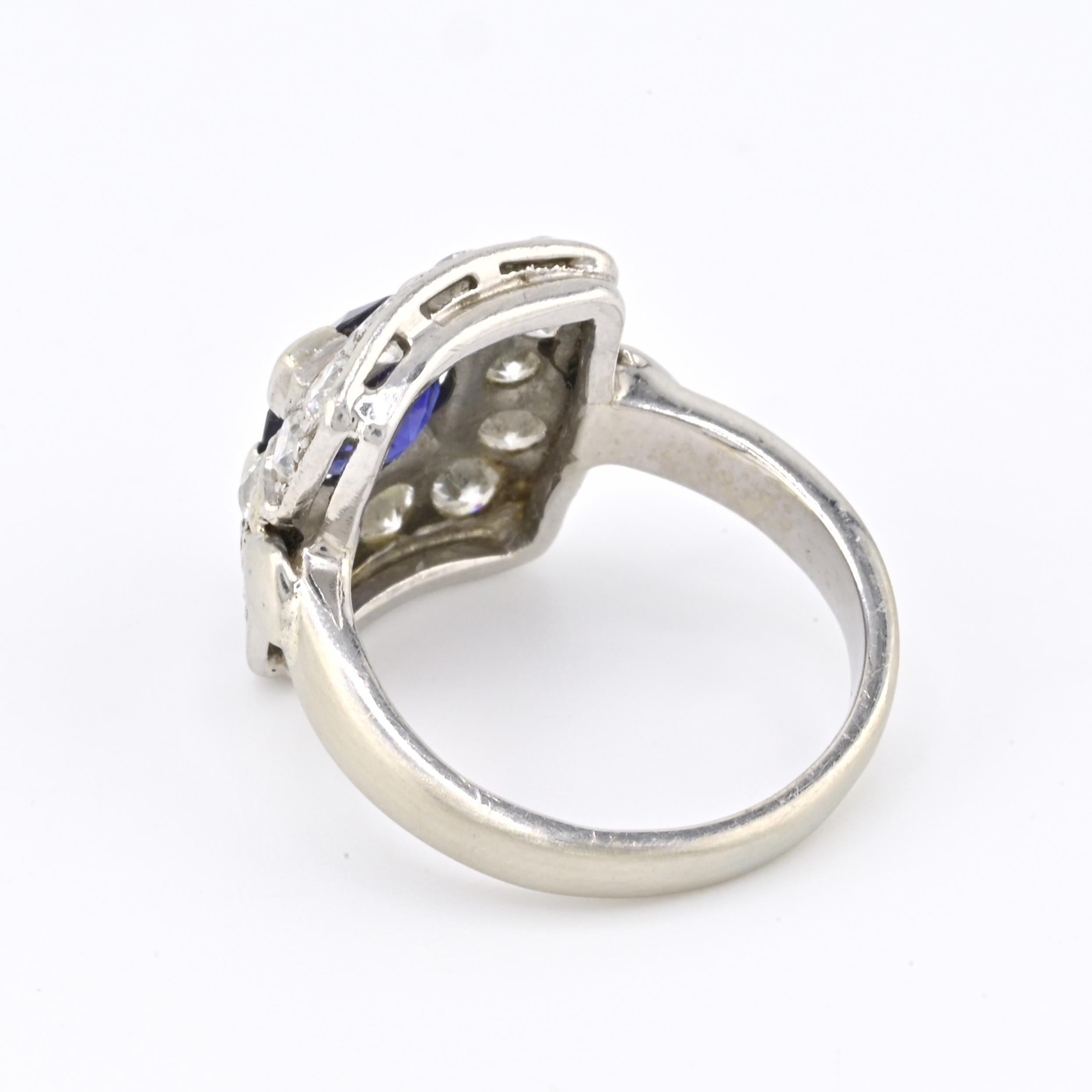 Women's or Men's Art Deco 14K White Gold Diamond & Sapphire Ring Size 5 IGI Certified For Sale