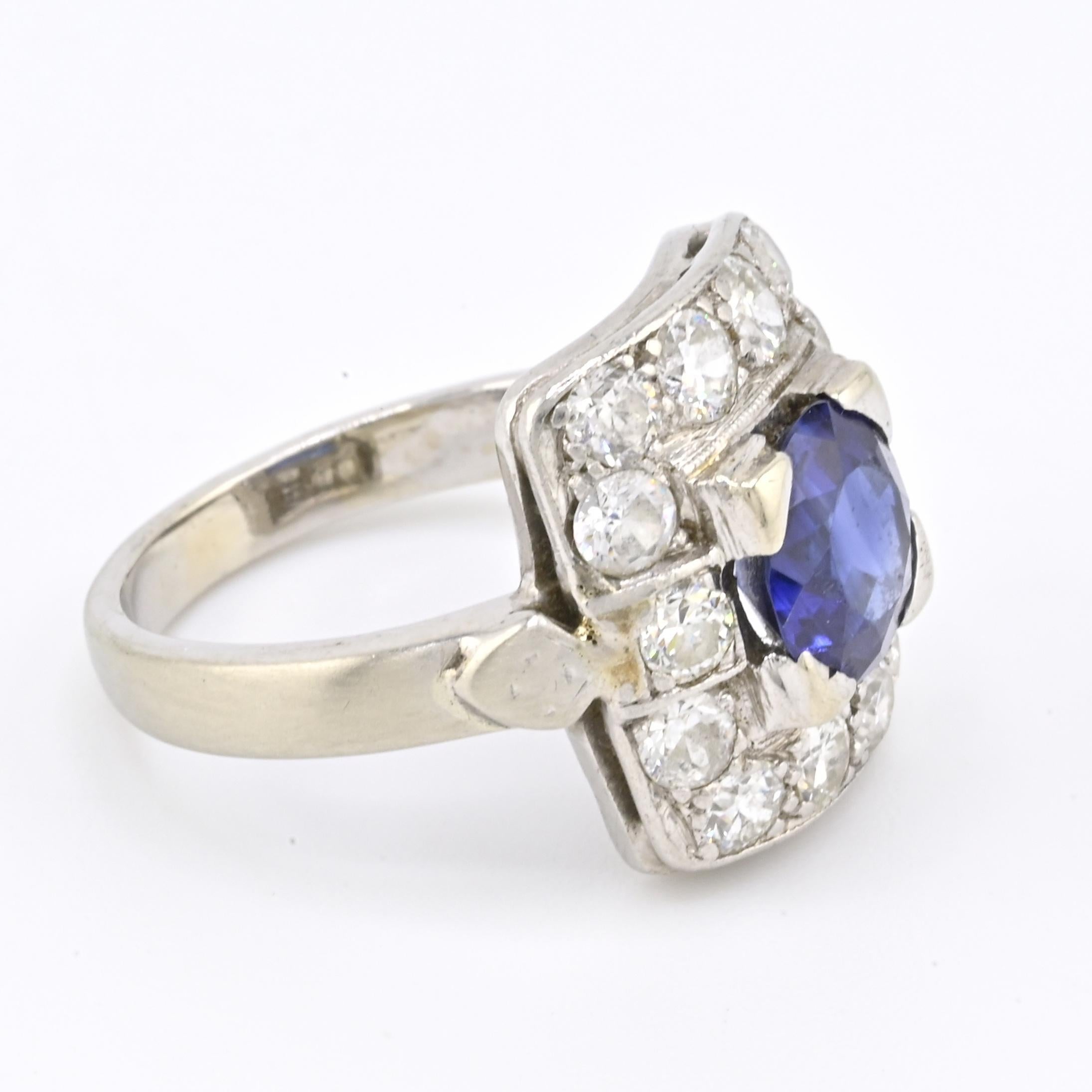 Art Deco 14K White Gold Diamond & Sapphire Ring Size 5 IGI Certified For Sale 1