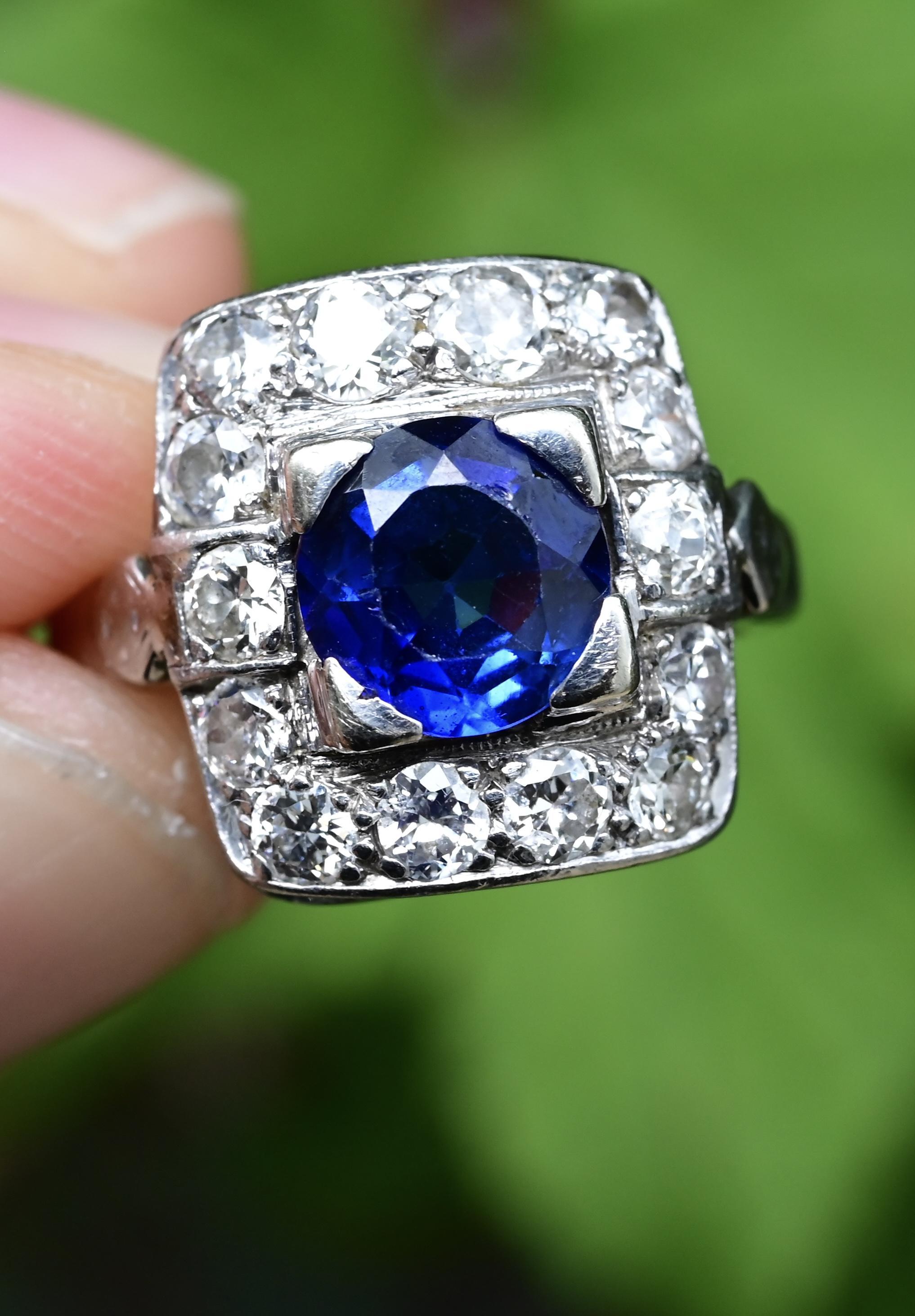 Art Deco 14K White Gold Diamond & Sapphire Ring Size 5 IGI Certified For Sale 2