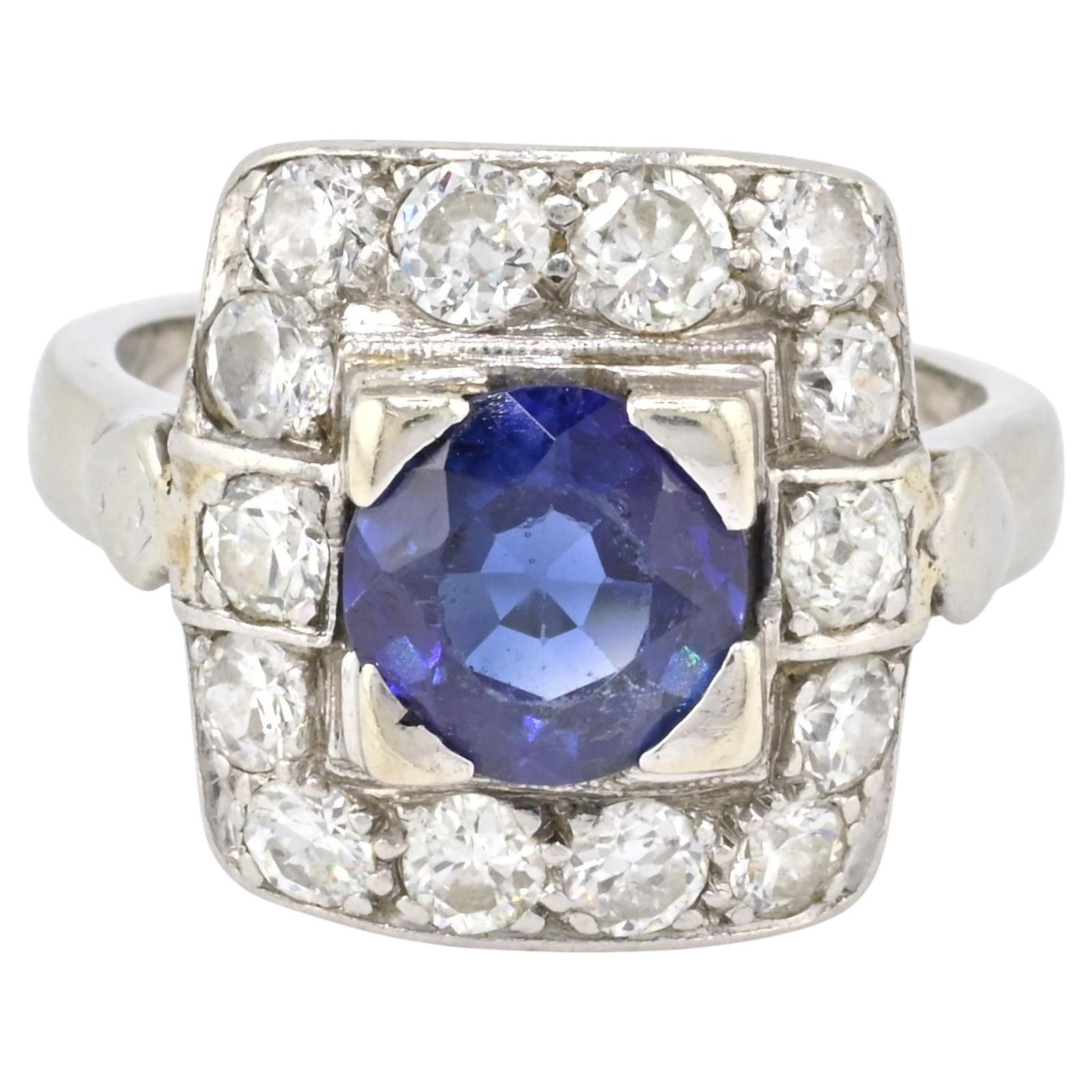 Art Deco 14K White Gold Diamond & Sapphire Ring Size 5 IGI Certified For Sale