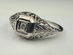Art Deco 14K White Gold Diamond Solitaire and Filigree Ring