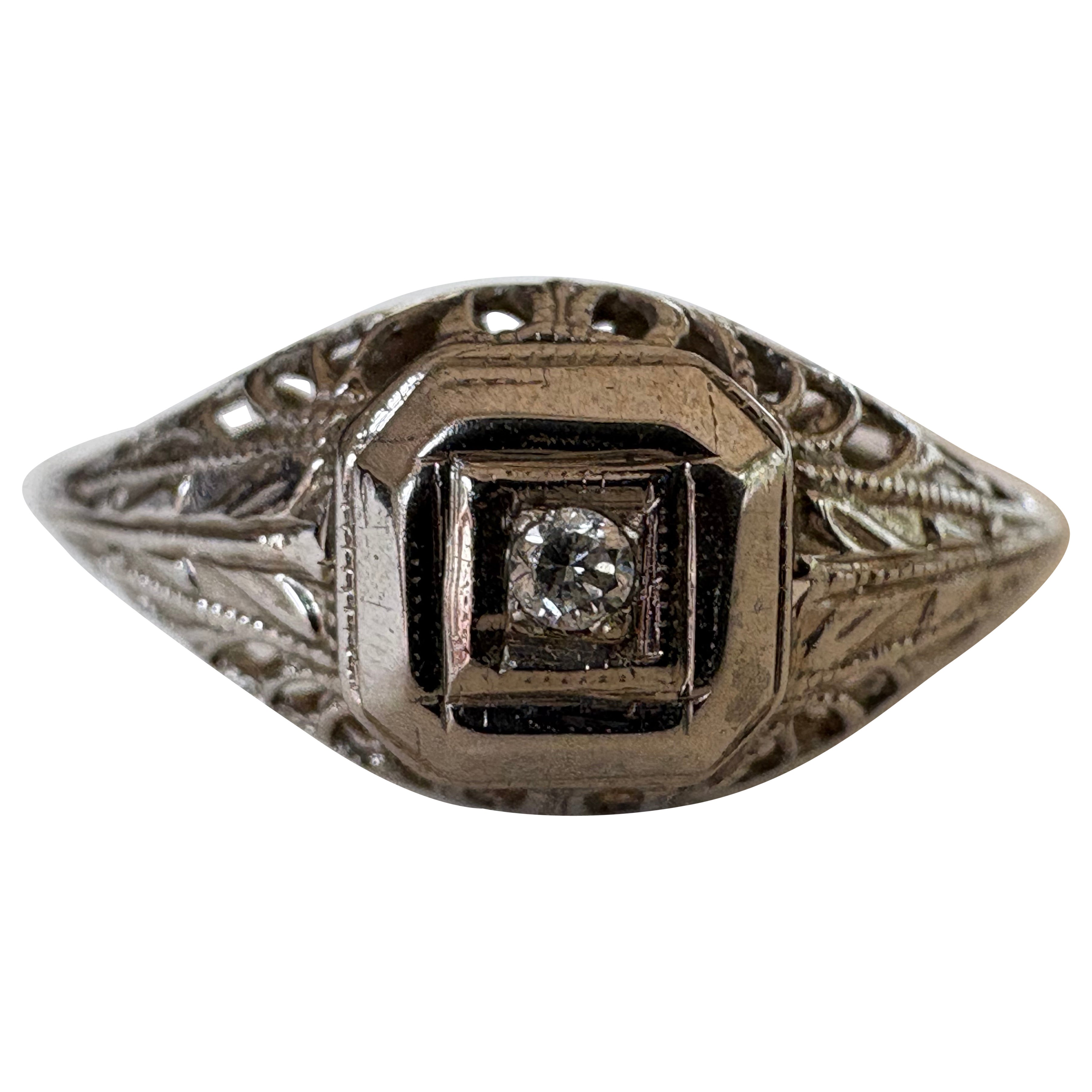 Art Deco 14K White Gold Diamond Solitaire and Filigree Ring For Sale
