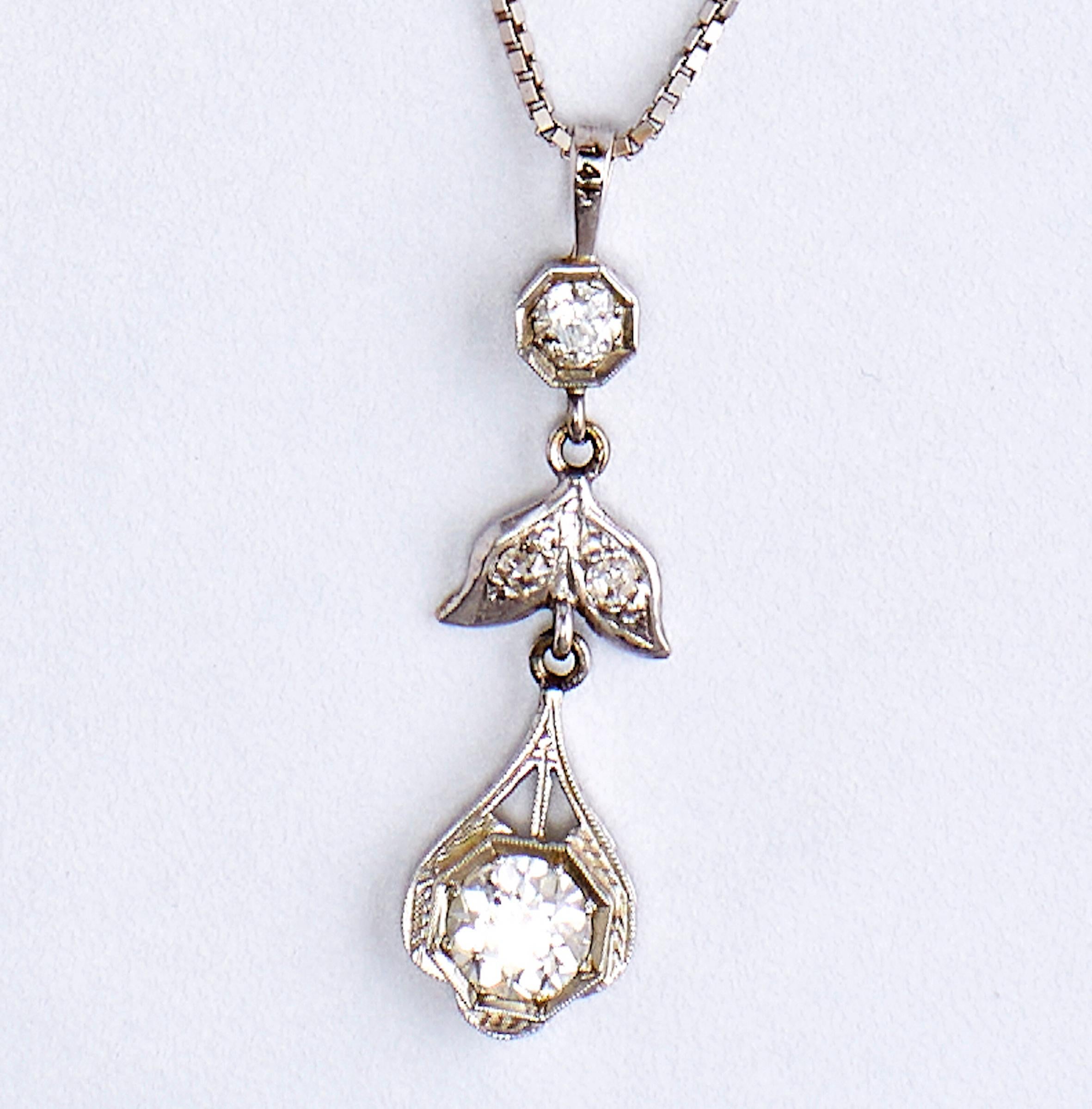 Brilliant Cut Art Deco 14K White Gold Diamonds Necklace For Sale