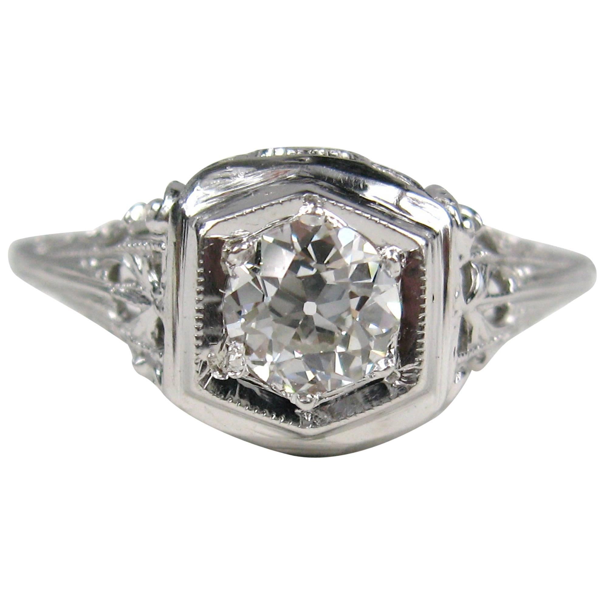 Bague de fiançailles Art Déco en or blanc 14K, diamant VS 0,50ct, années 1920
