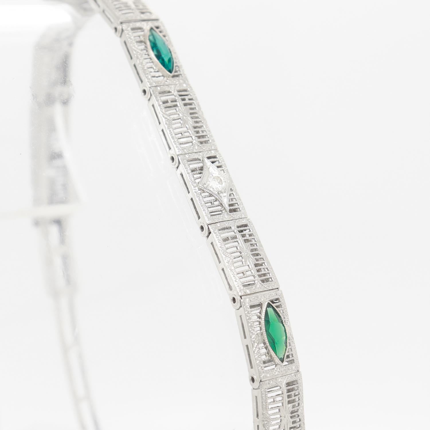 Art Deco 14K White Gold Filigree and Diamond Bracelet 5