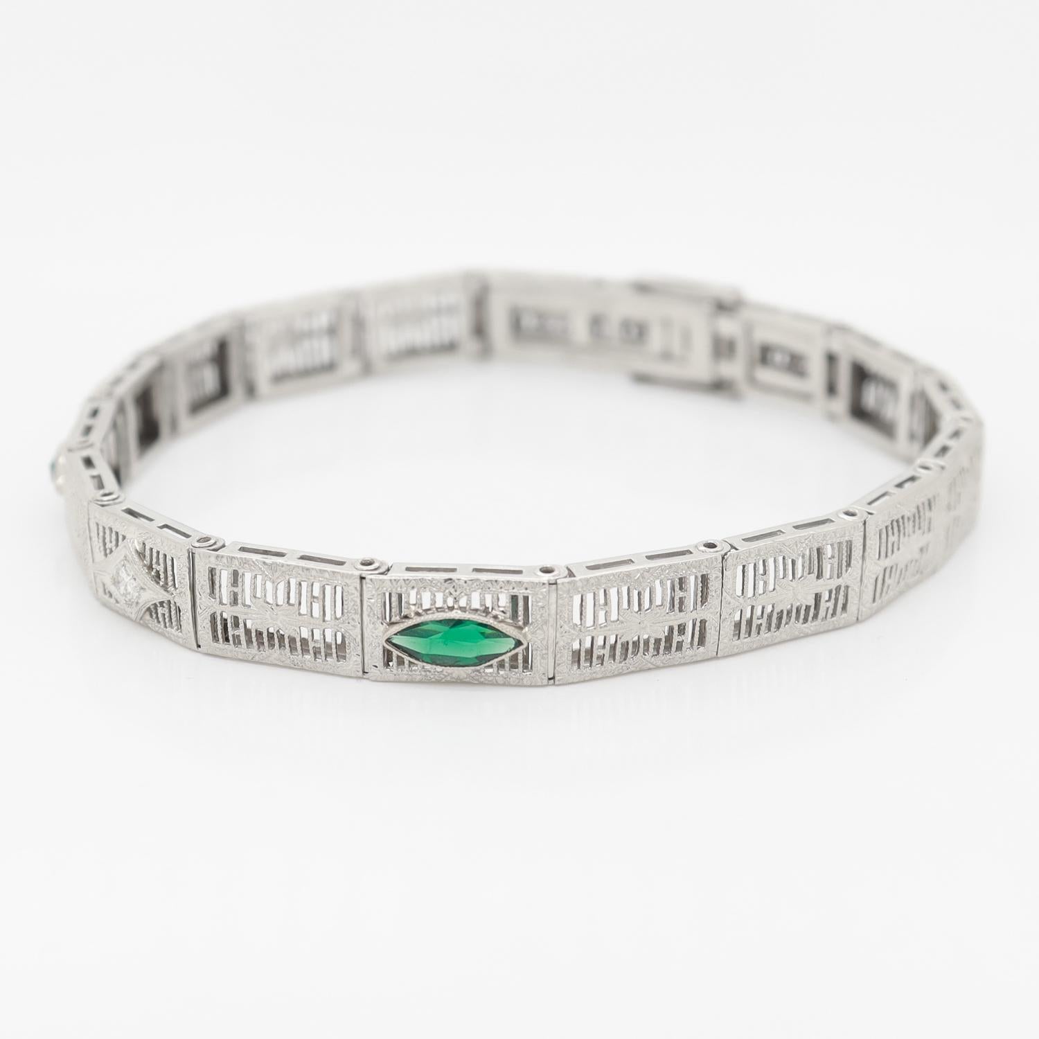 Art Deco 14K White Gold Filigree and Diamond Bracelet 6