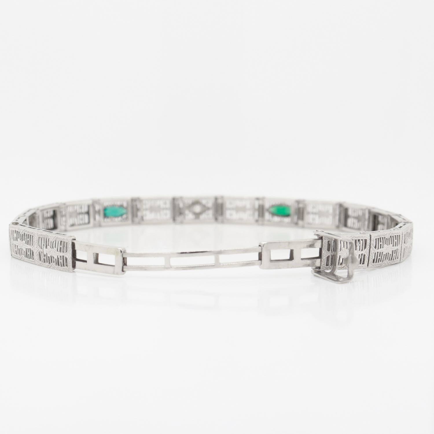 Art Deco 14K White Gold Filigree and Diamond Bracelet 9