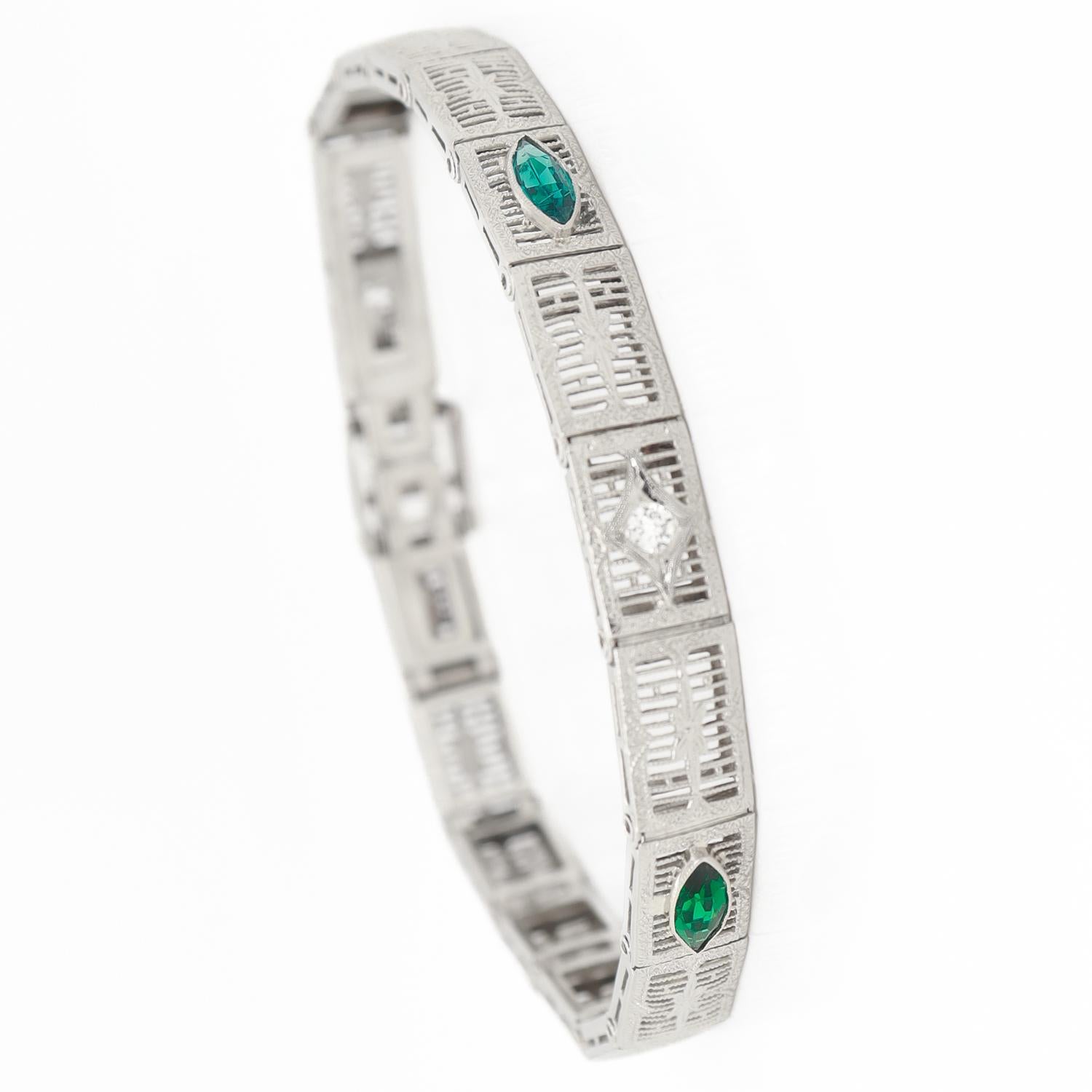 Art Deco 14K White Gold Filigree and Diamond Bracelet In Good Condition In Philadelphia, PA