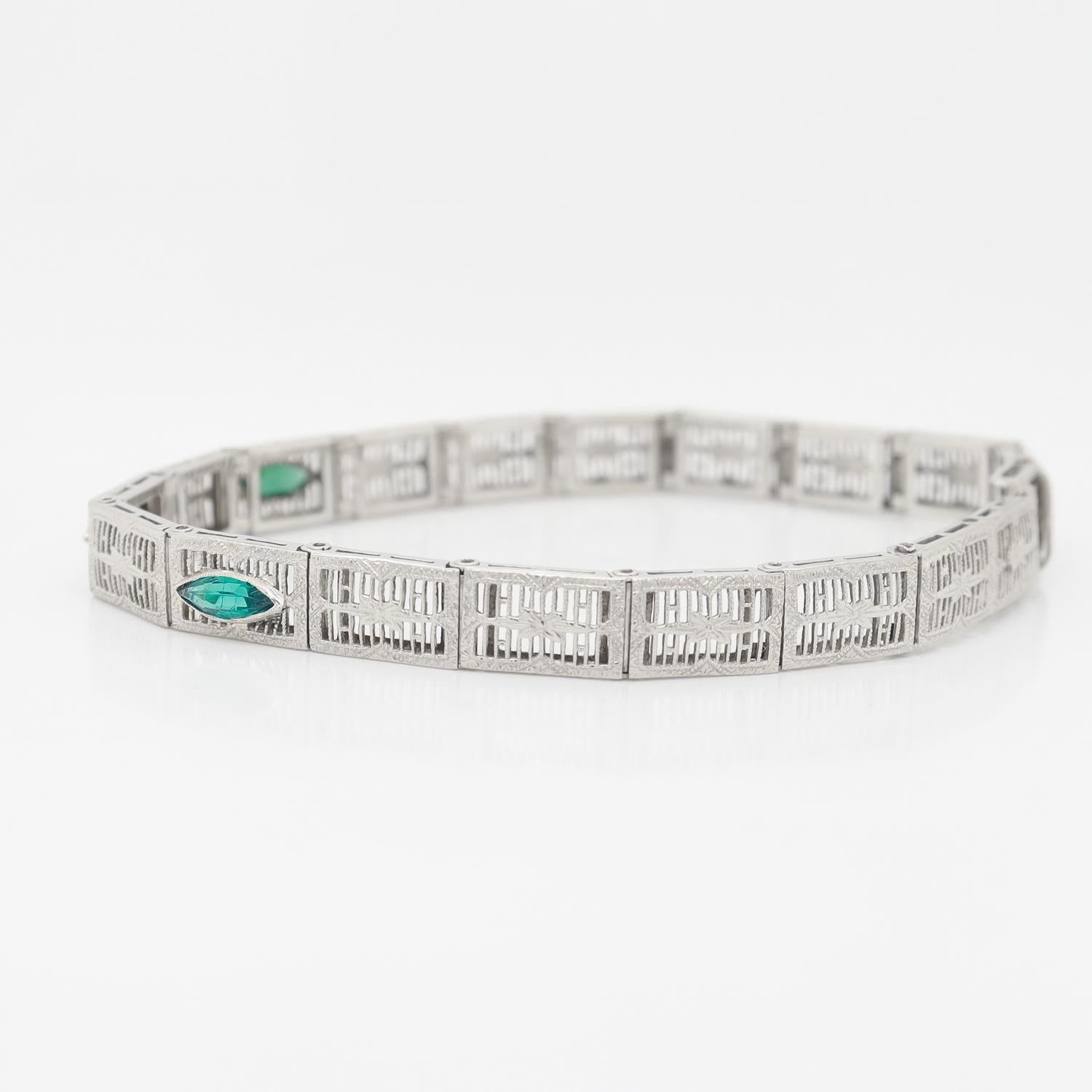 Art Deco 14K White Gold Filigree and Diamond Bracelet 1