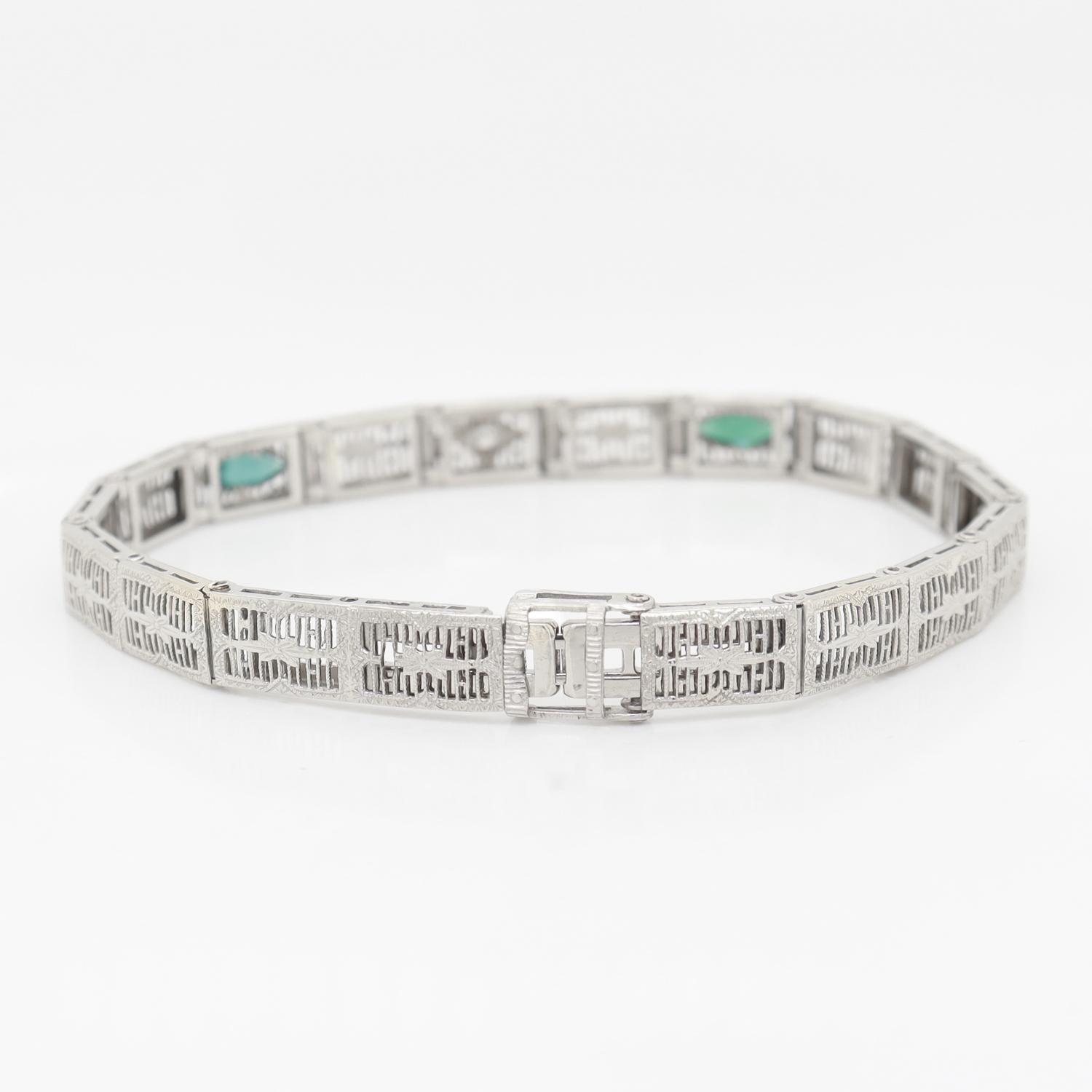 Art Deco 14K White Gold Filigree and Diamond Bracelet 2