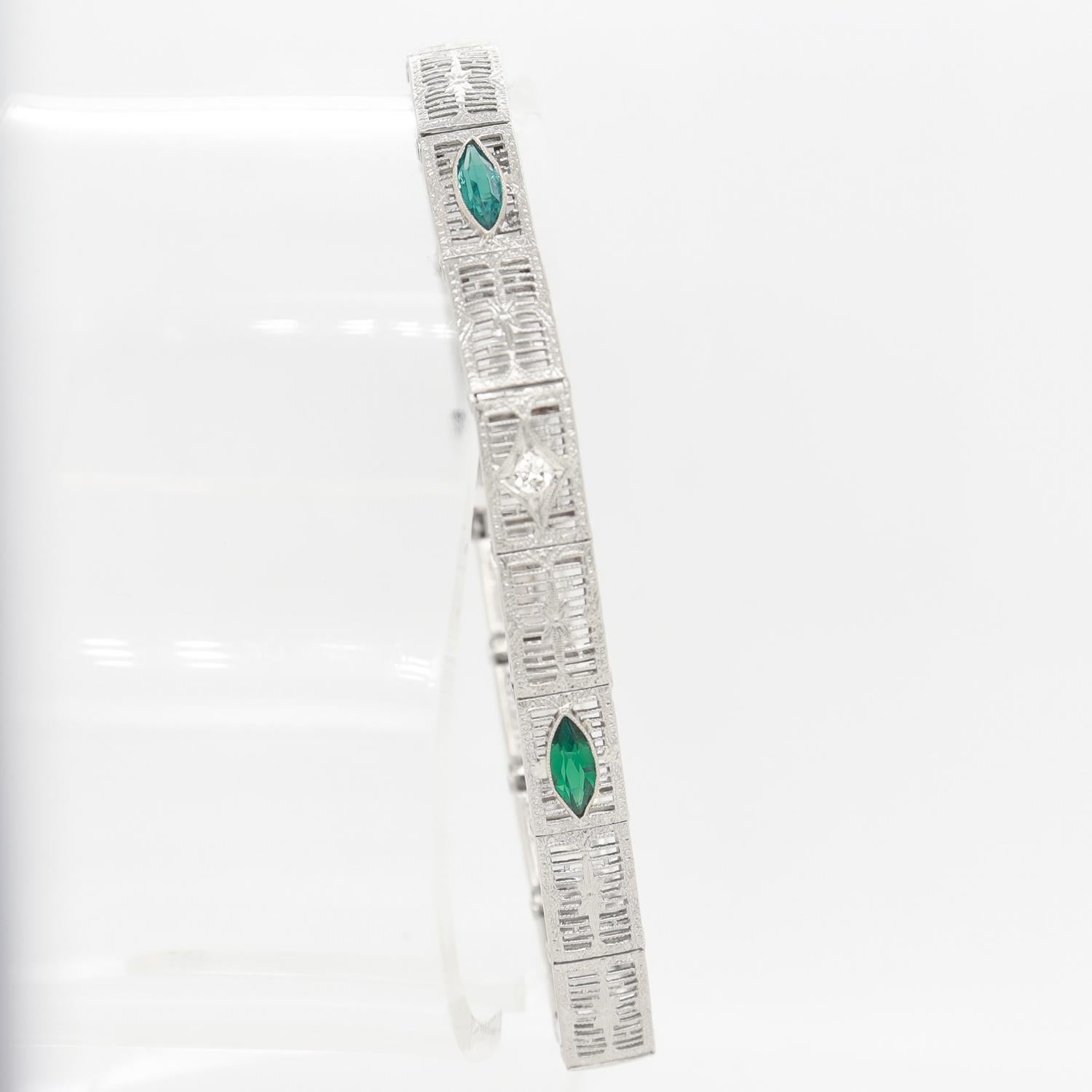 Art Deco 14K White Gold Filigree and Diamond Bracelet 4