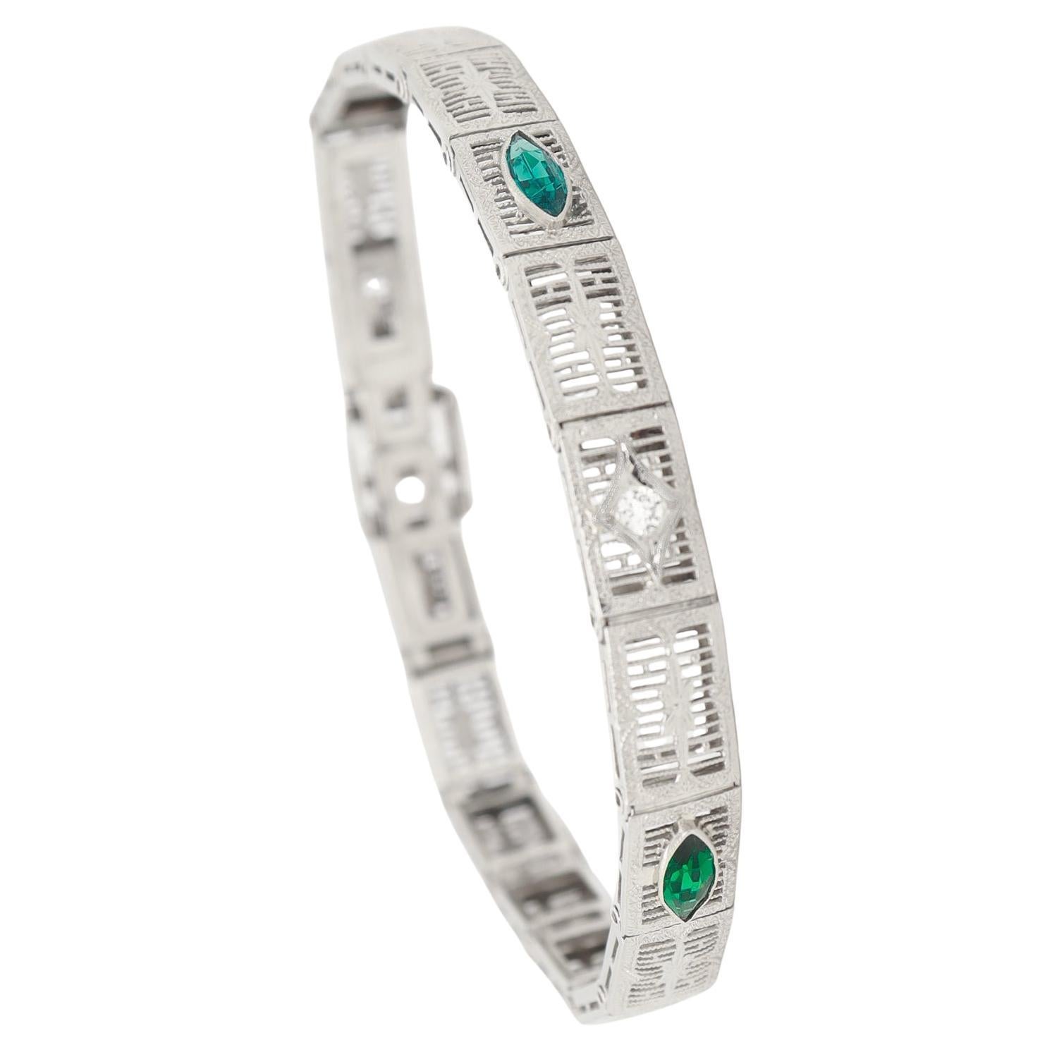 Art Deco 14K White Gold Filigree and Diamond Bracelet
