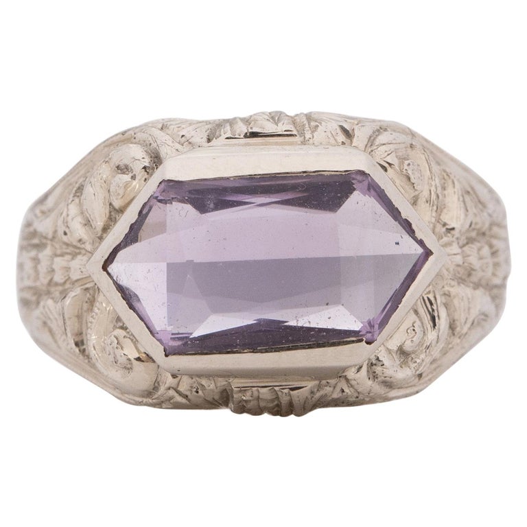 Art Deco 14K White Gold Filigree Carved Amethyst Unisex Vintage ...