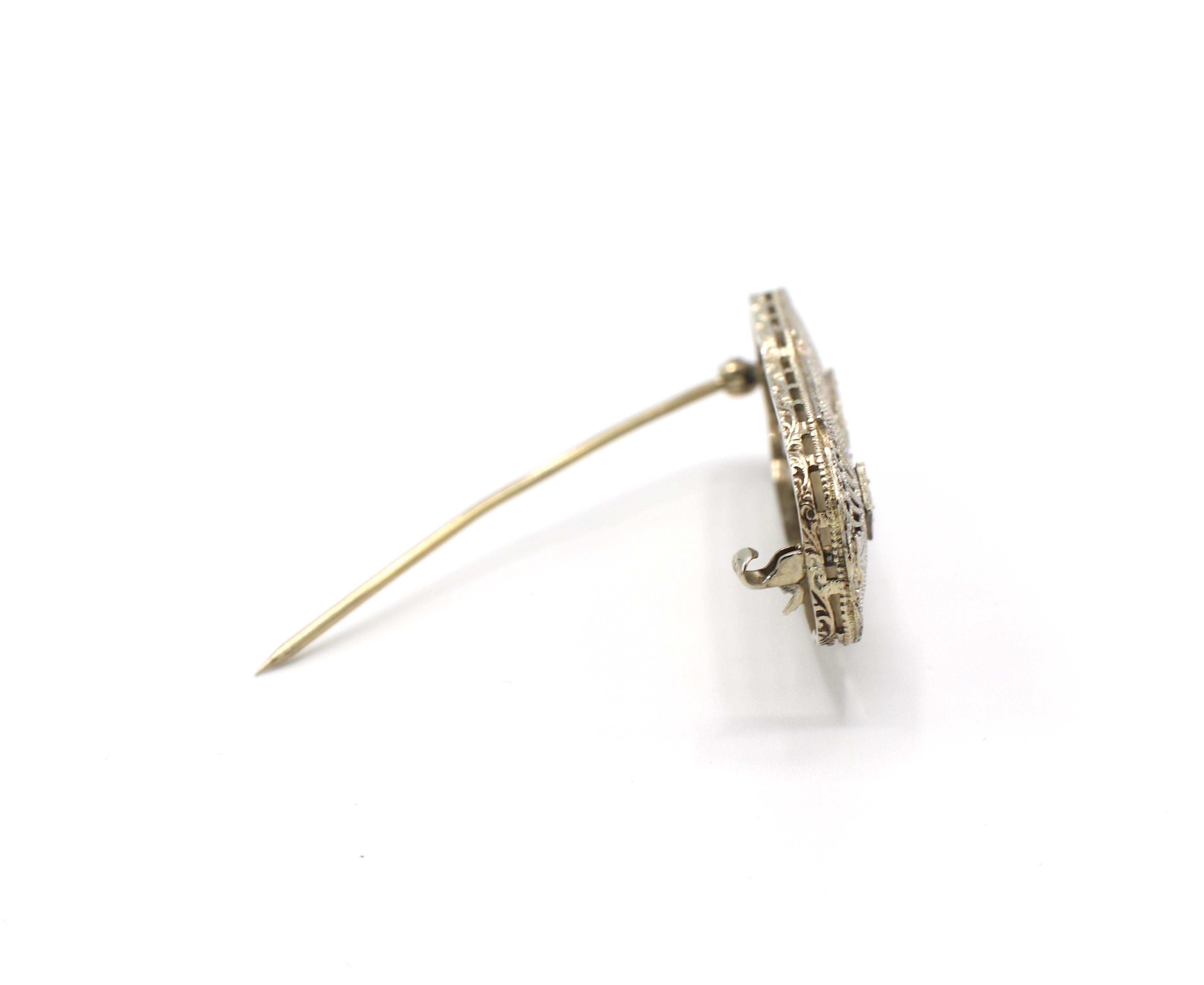 Art Deco 14 Karat White Gold Filigree Diamond Bar Pin Brooch 1