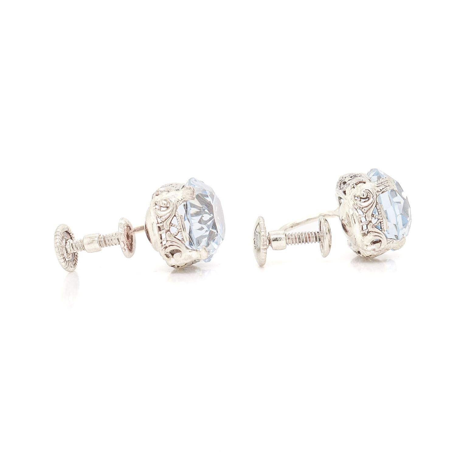Art Deco 14K White Gold Filigree & Light Blue Spinel Screwback Earrings For Sale 5