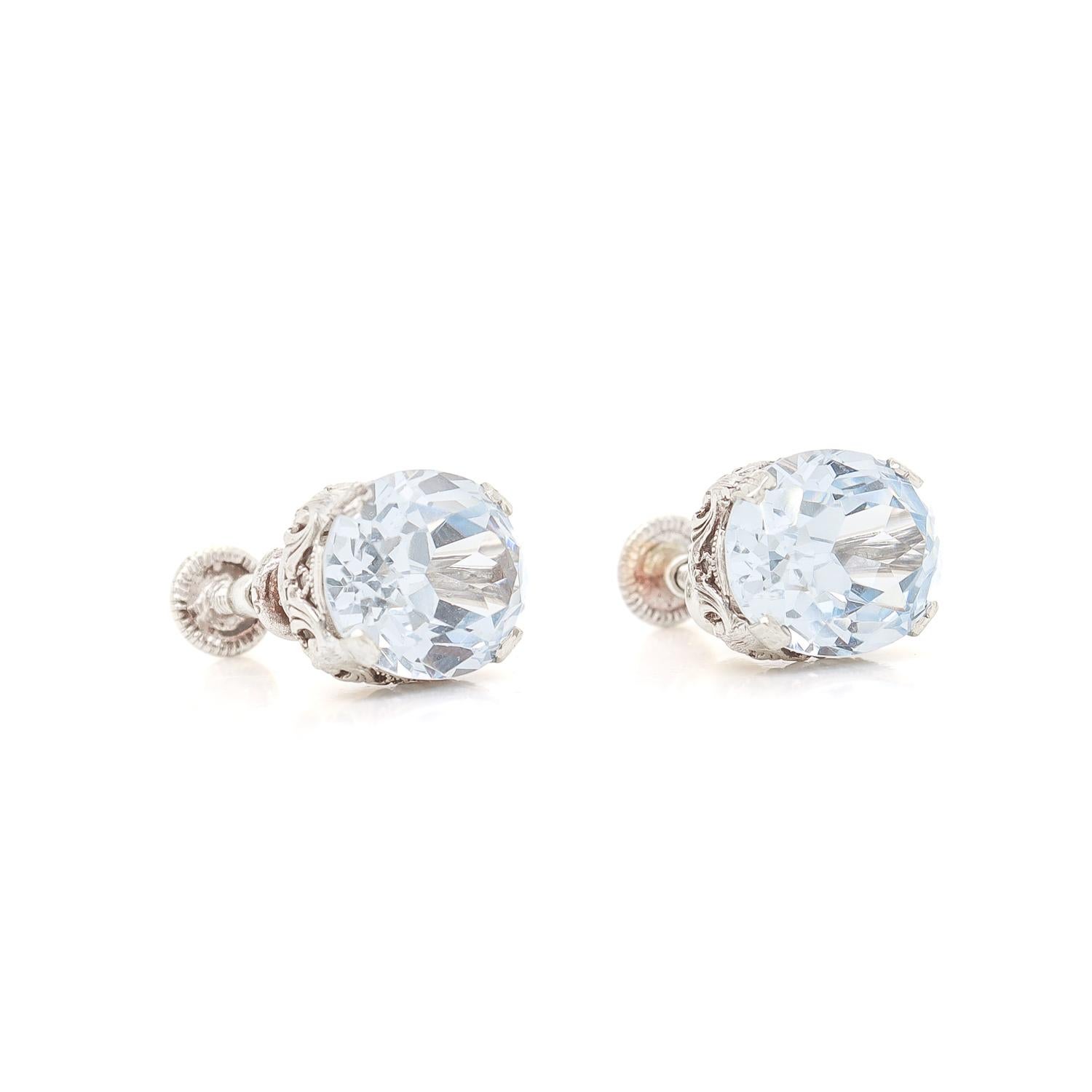 Art Deco 14K White Gold Filigree & Light Blue Spinel Screwback Earrings For Sale 6