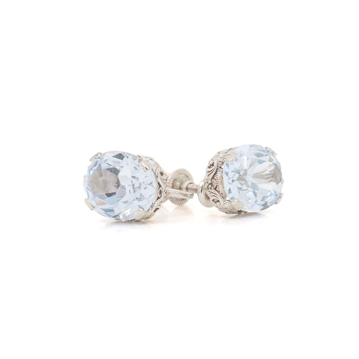 Art Deco 14K White Gold Filigree & Light Blue Spinel Screwback Earrings For Sale 7