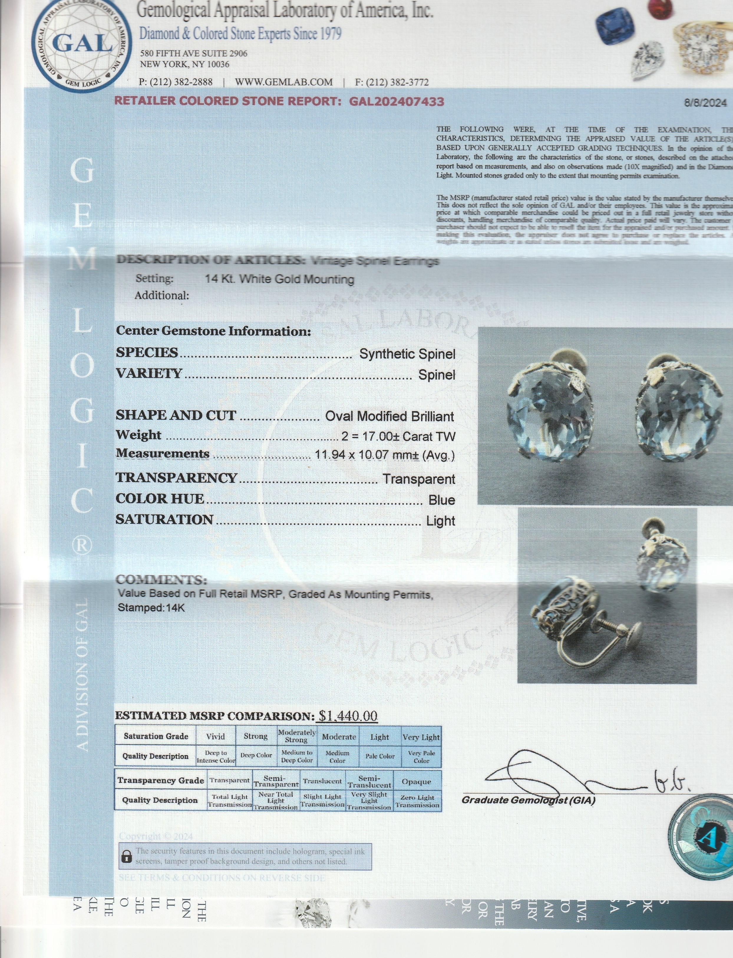 Art Deco 14K White Gold Filigree & Light Blue Spinel Screwback Earrings For Sale 11