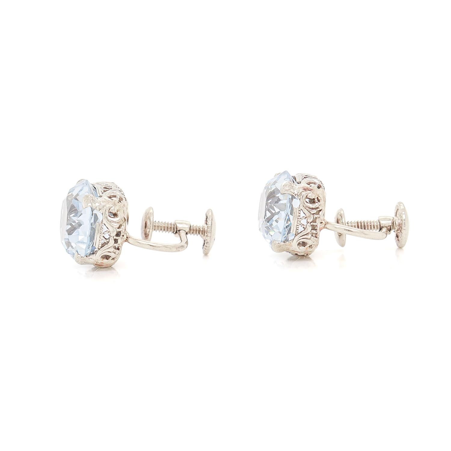 Art Deco 14K White Gold Filigree & Light Blue Spinel Screwback Earrings For Sale 3