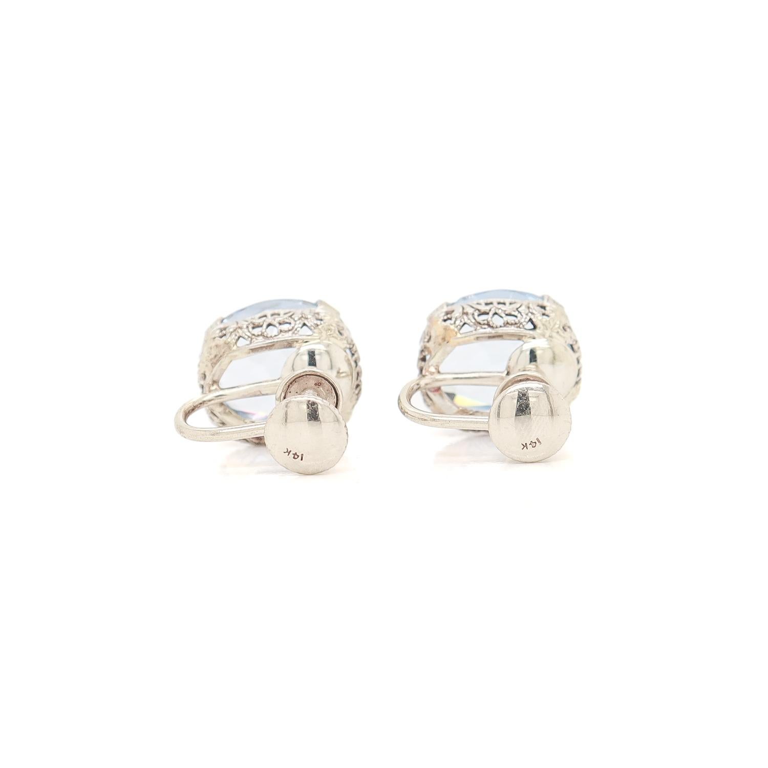 Art Deco 14K White Gold Filigree & Light Blue Spinel Screwback Earrings For Sale 4