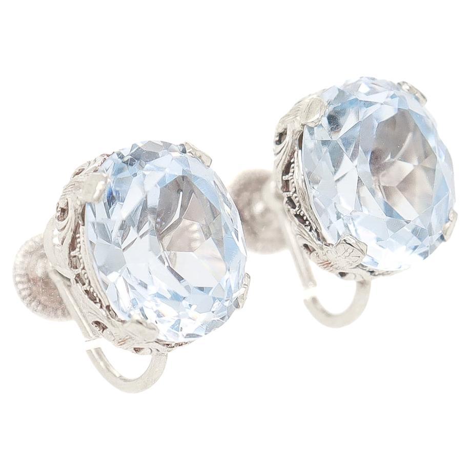 Art Deco 14K White Gold Filigree & Light Blue Spinel Screwback Earrings For Sale
