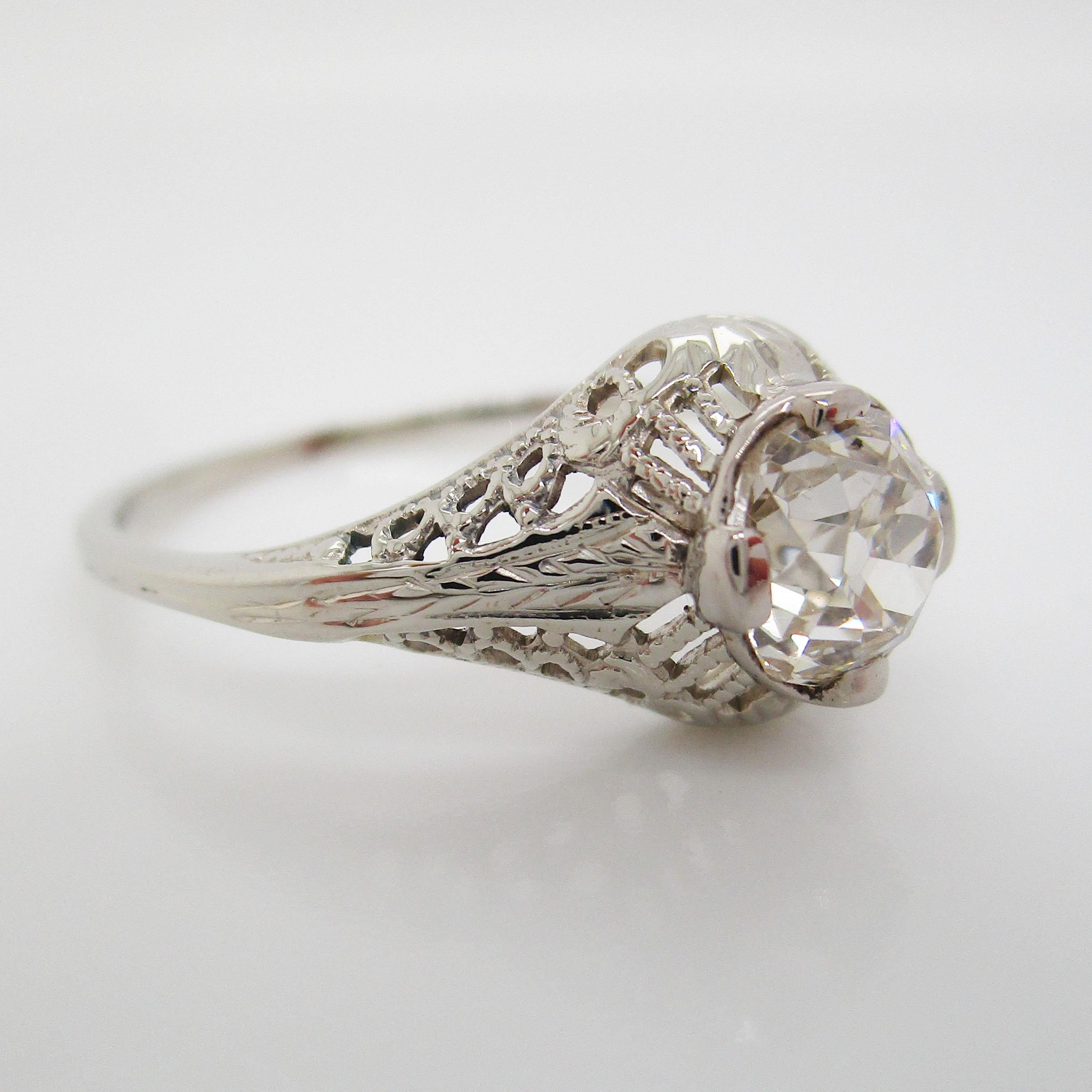 Art Deco 14 Karat White Gold Filigree Old Mine Cut Diamond Engagement Ring In Excellent Condition In Lexington, KY