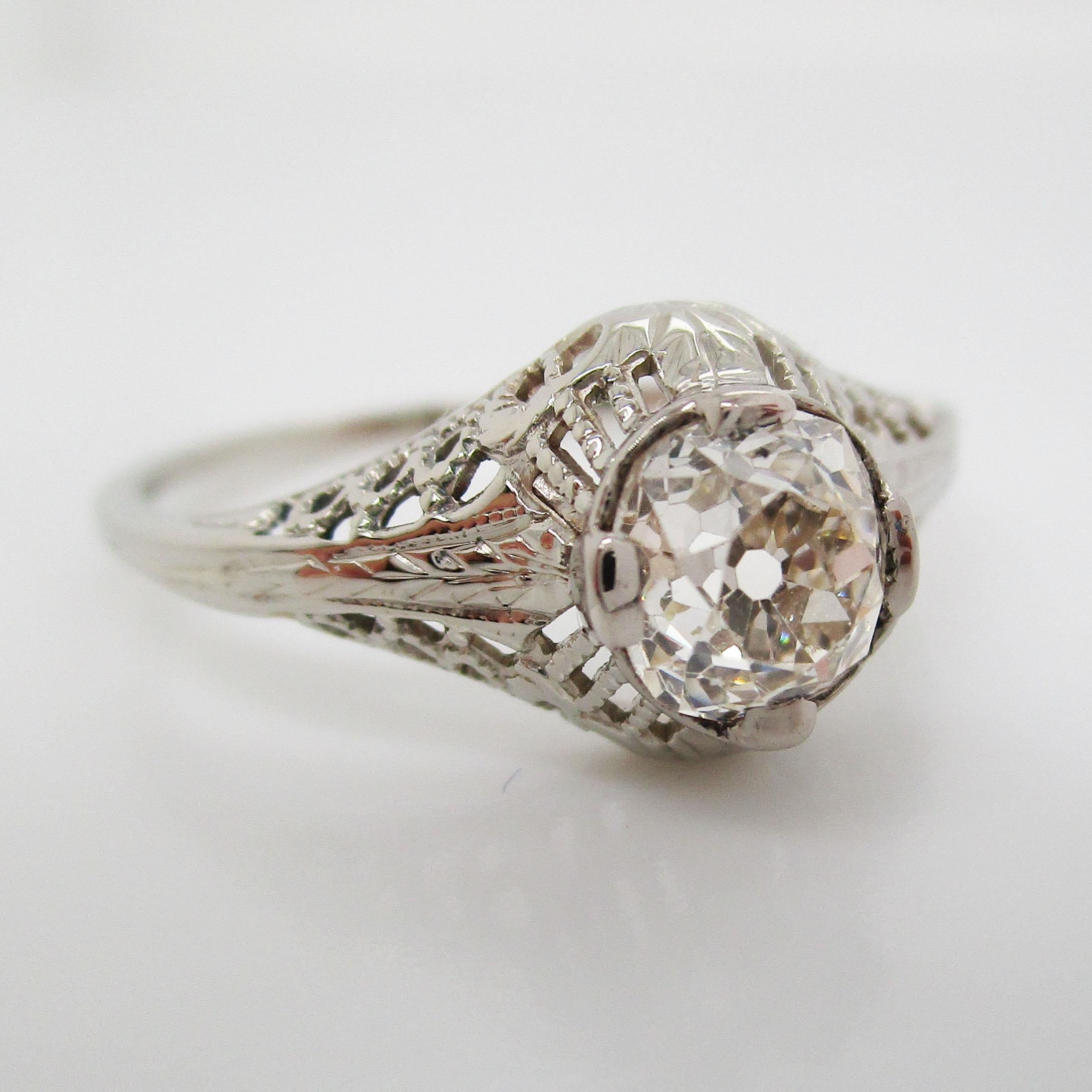 Women's or Men's Art Deco 14 Karat White Gold Filigree Old Mine Cut Diamond Engagement Ring