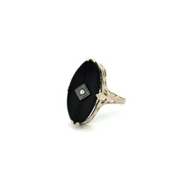 Art Deco 14K White Gold Filigree Ring with Diamond & Onyx, 1930s