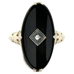 Art Deco 14K White Gold Filigree Ring with Diamond & Onyx, 1930s