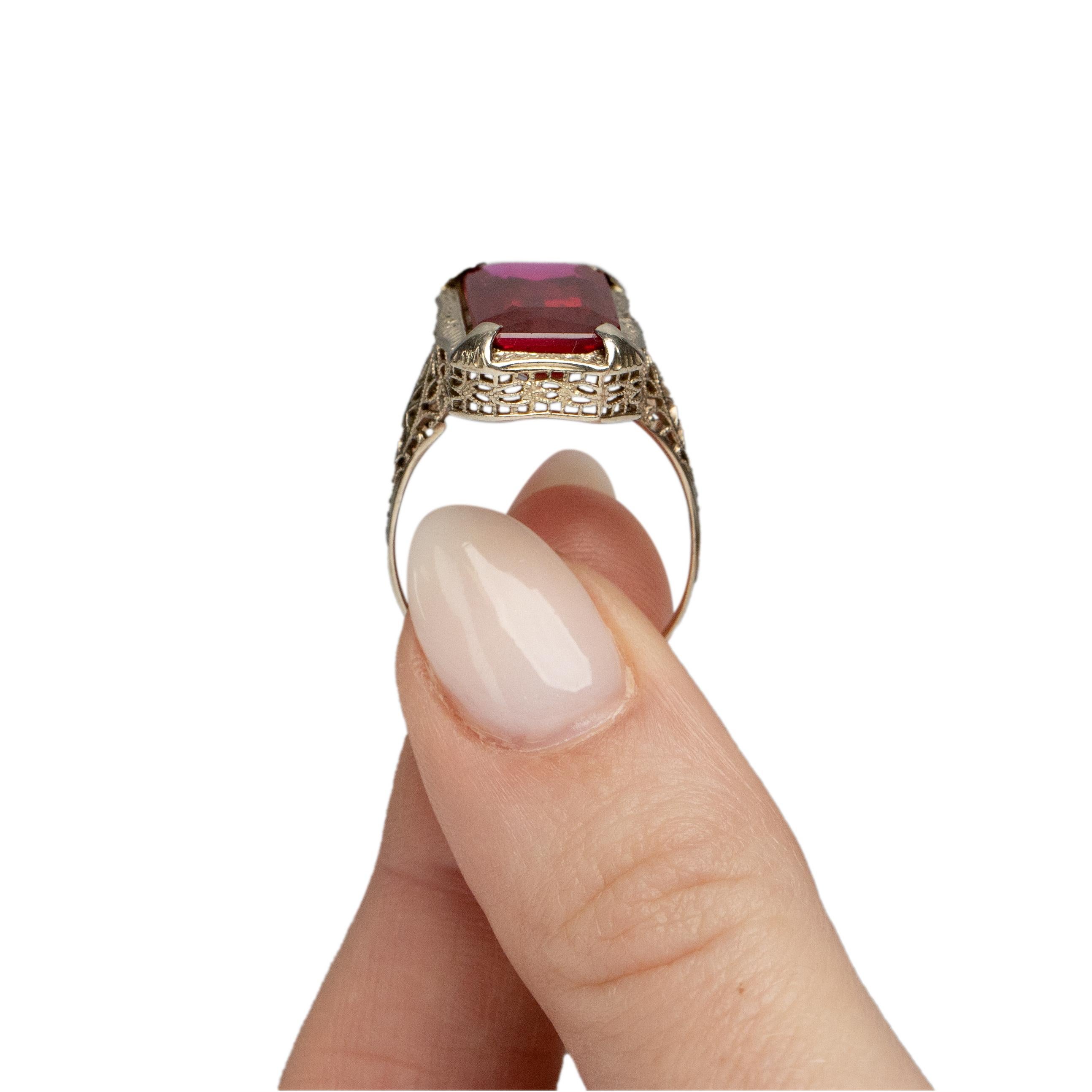 Art Deco 14K White Gold Filigree Vintage Large Rectangle Deep Red Gem Ring In Fair Condition In Addison, TX