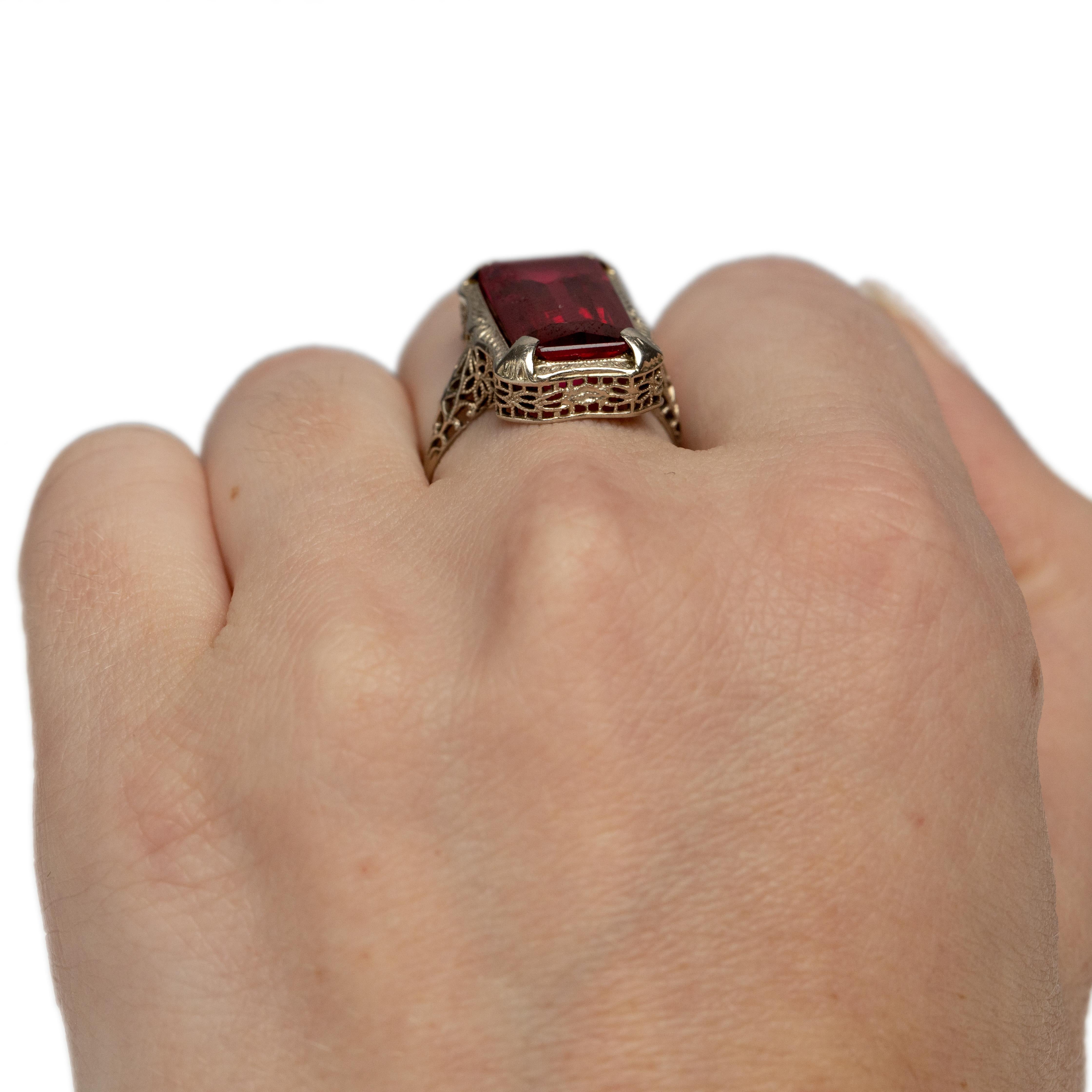 Women's Art Deco 14K White Gold Filigree Vintage Large Rectangle Deep Red Gem Ring