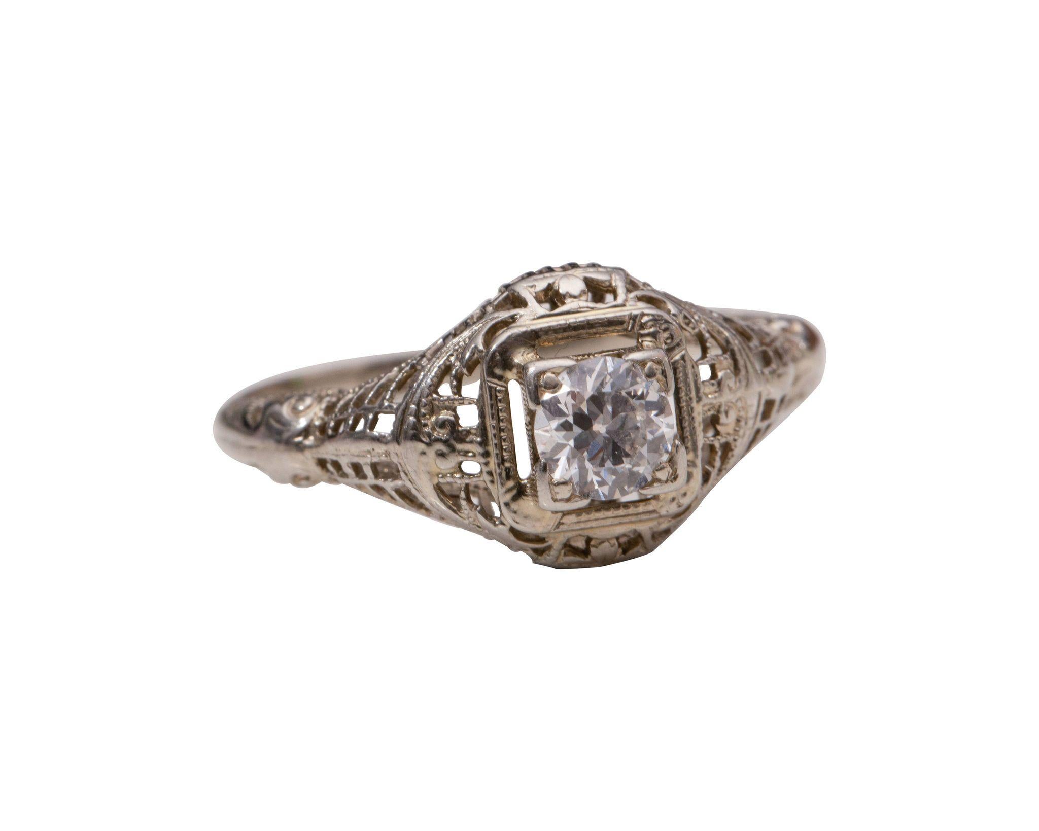 Old European Cut Art Deco 14 Karat White Gold Filigree Vintage Solitaire Diamond Ring