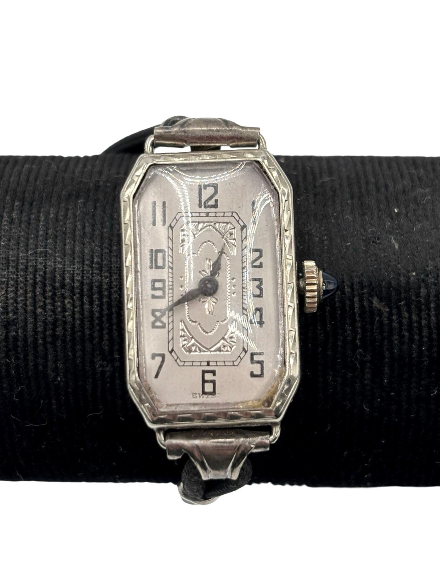 Art Deco 14K White Gold Filled Womens Watch w/ Silk Cord In Excellent Condition For Sale In Van Nuys, CA