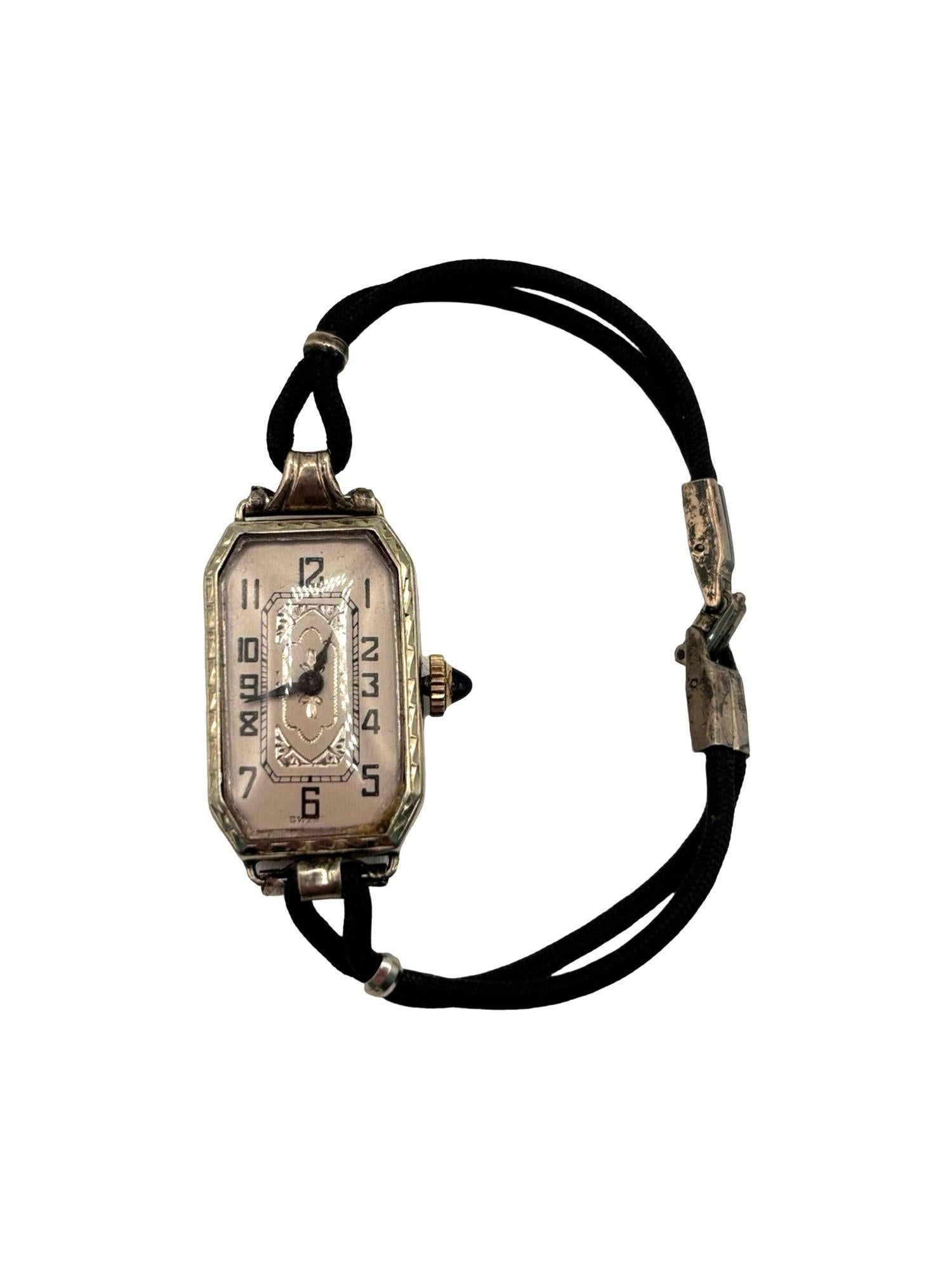 20th Century Art Deco 14K White Gold Filled Womens Watch w/ Silk Cord For Sale