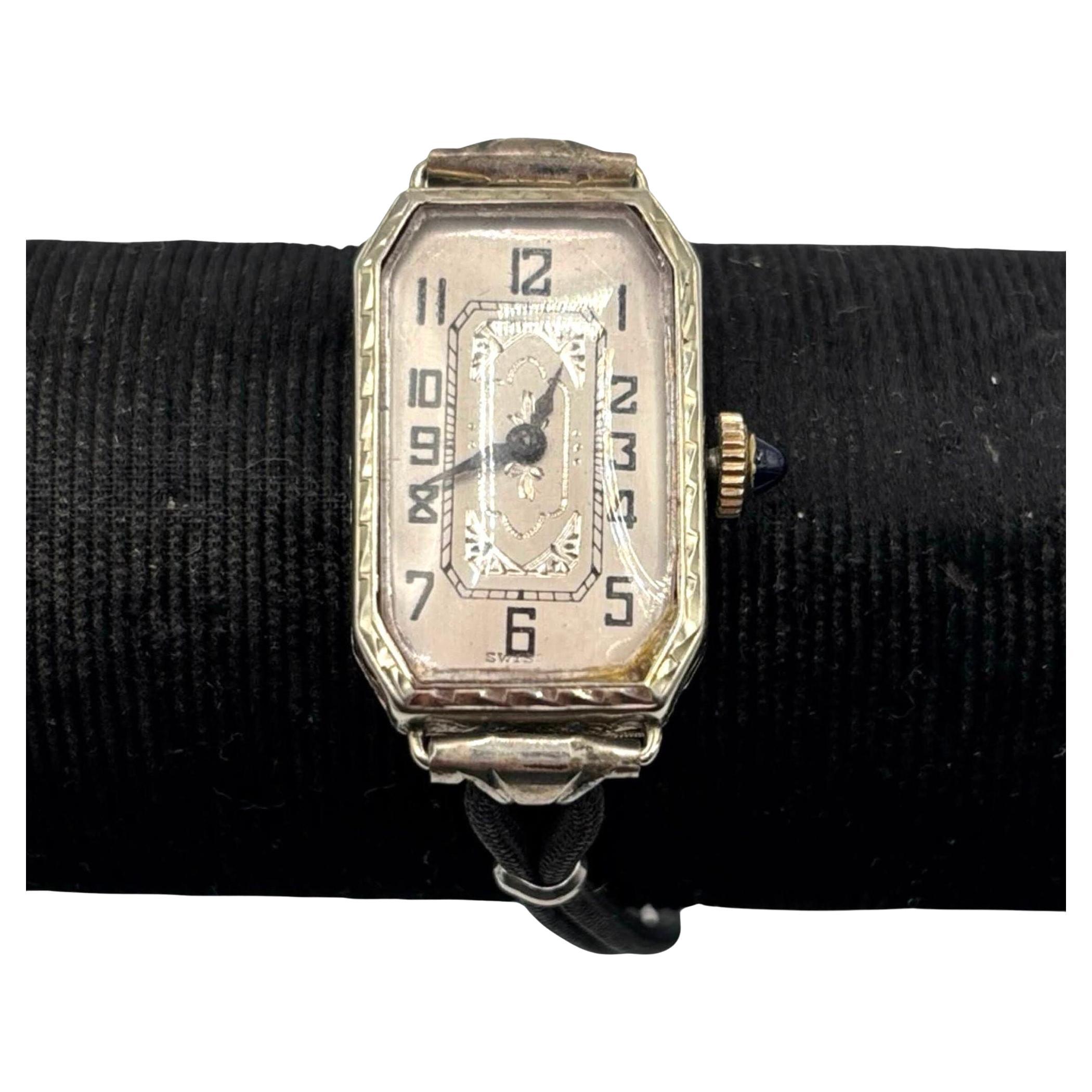 Art Deco 14K White Gold Filled Womens Watch w/ Silk Cord