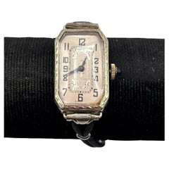Art Deco 14K White Gold Filled Womens Watch w/ Silk Cord