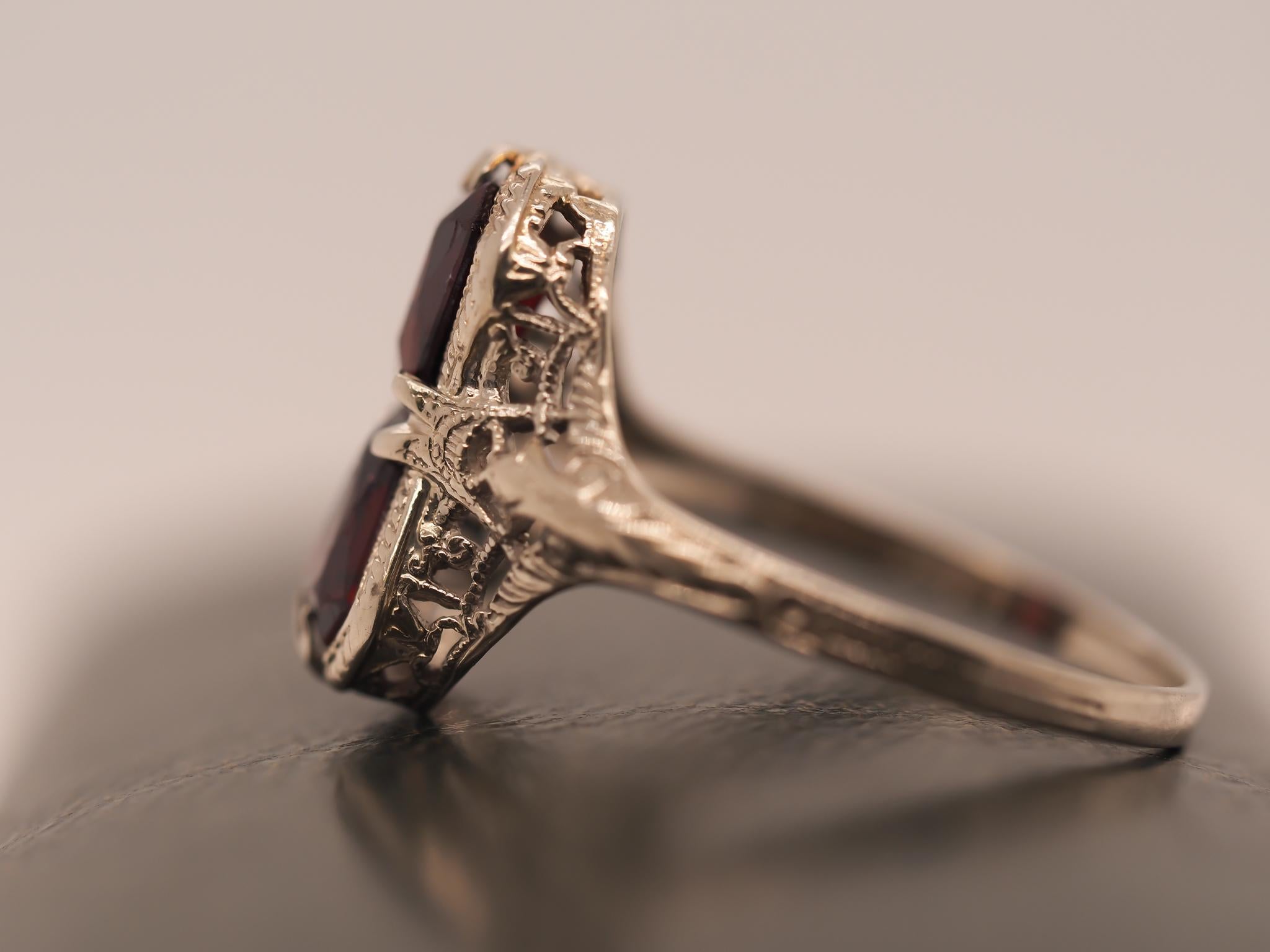 Art Deco 14K White Gold Garnet Two Stone Filigree Ring For Sale 2