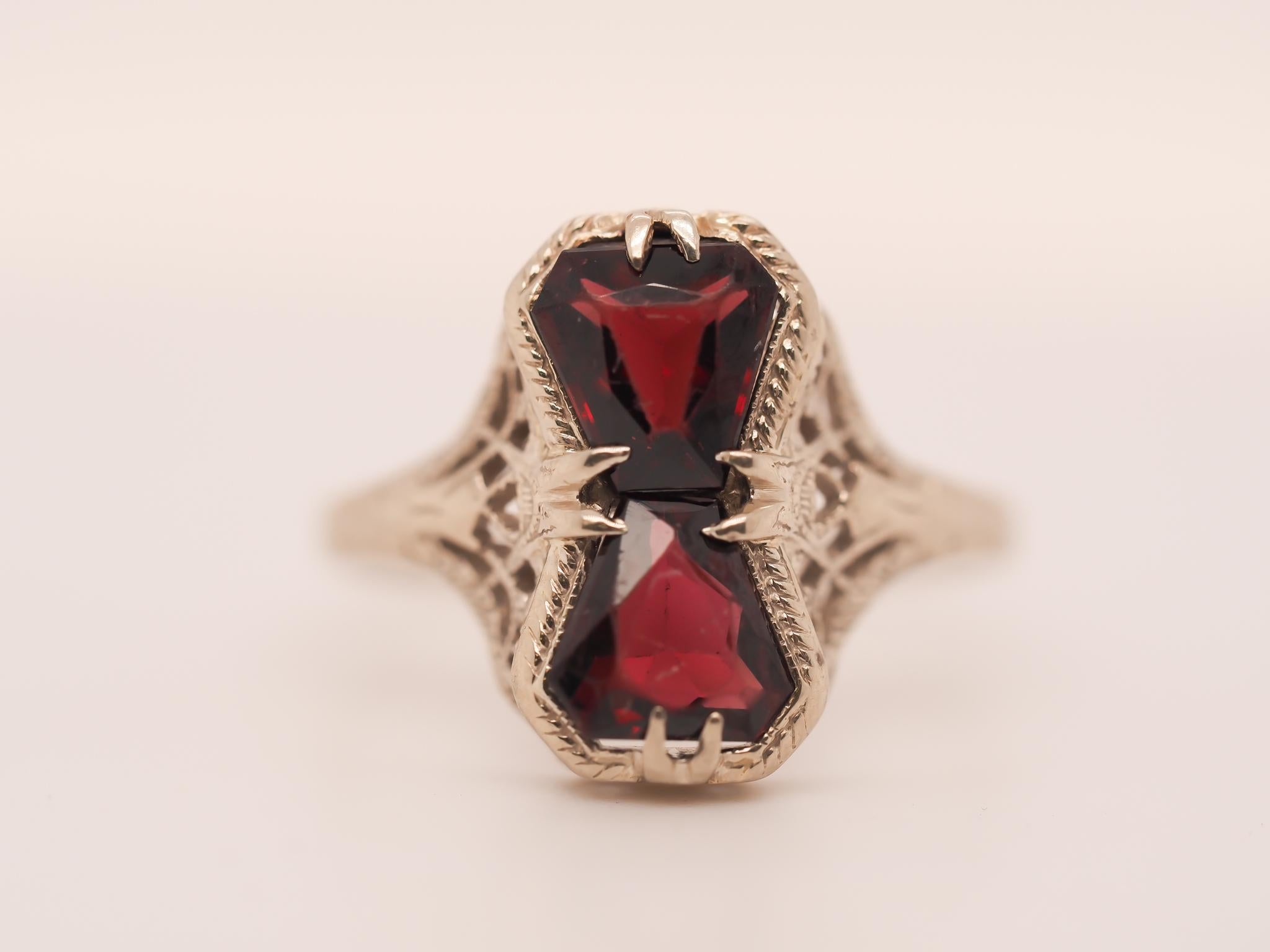 Art Deco 14K White Gold Garnet Two Stone Filigree Ring For Sale 5