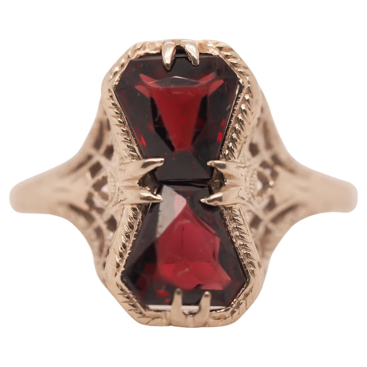 Art Deco 14K White Gold Garnet Two Stone Filigree Ring