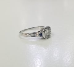 Art Deco 14k White Gold Hand Engraved Diamond Ring with Old European Cut Diamond