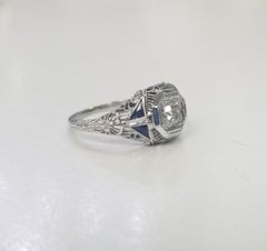 Art Deco 14k White Gold Hand Engraved Diamond Ring with Old European Cut Diamond