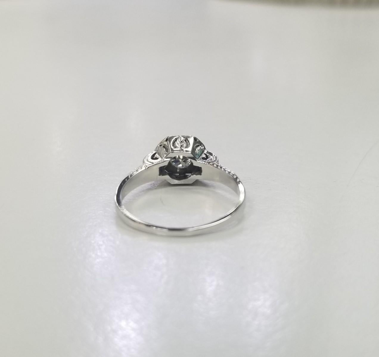 Art Deco 14k White Gold Hand Engraved Diamond Ring with Old European Cut Diamond In Excellent Condition For Sale In Los Angeles, CA